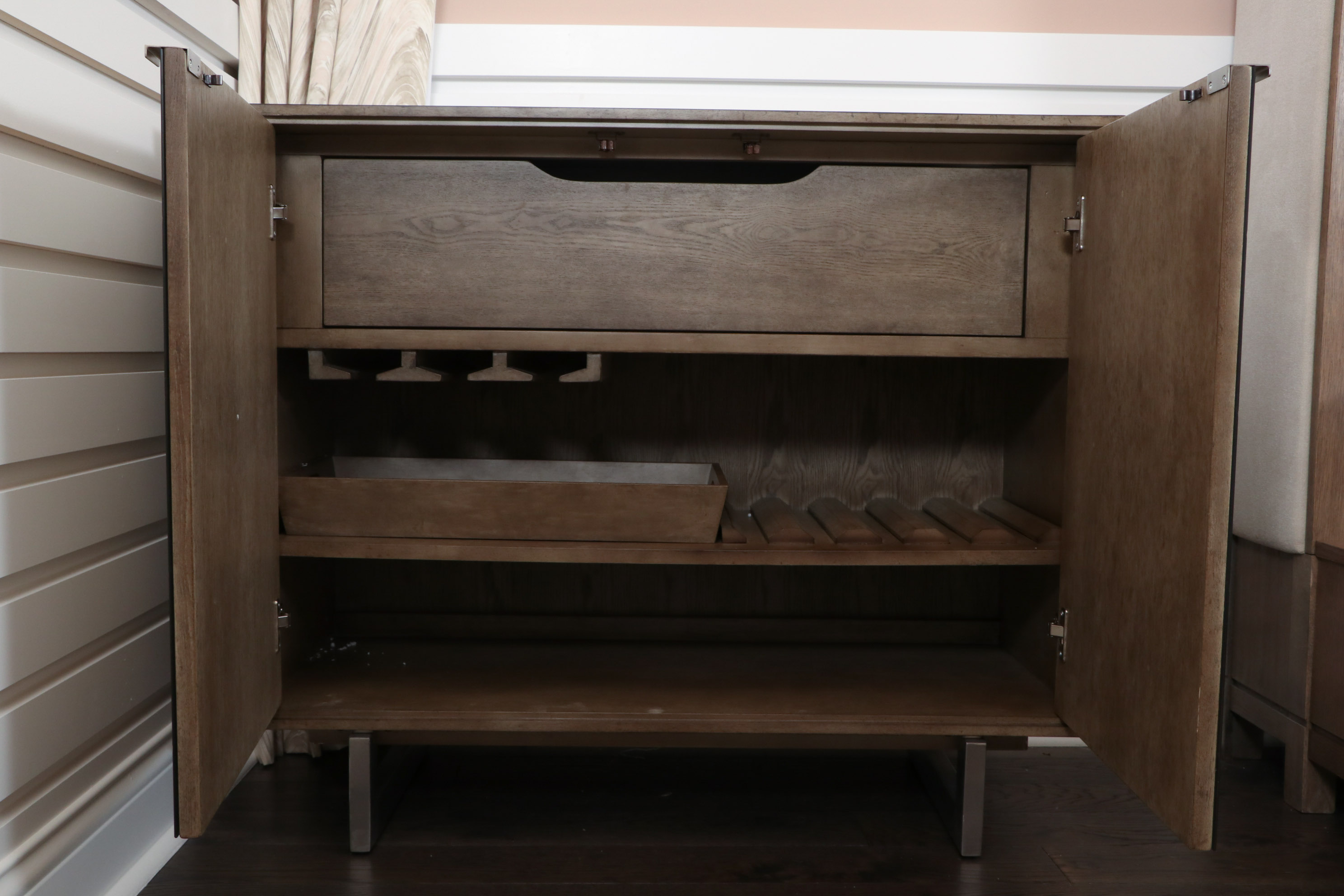 Driftwood Finish Wine Cabinet with Mirrored Doors, Contemporary