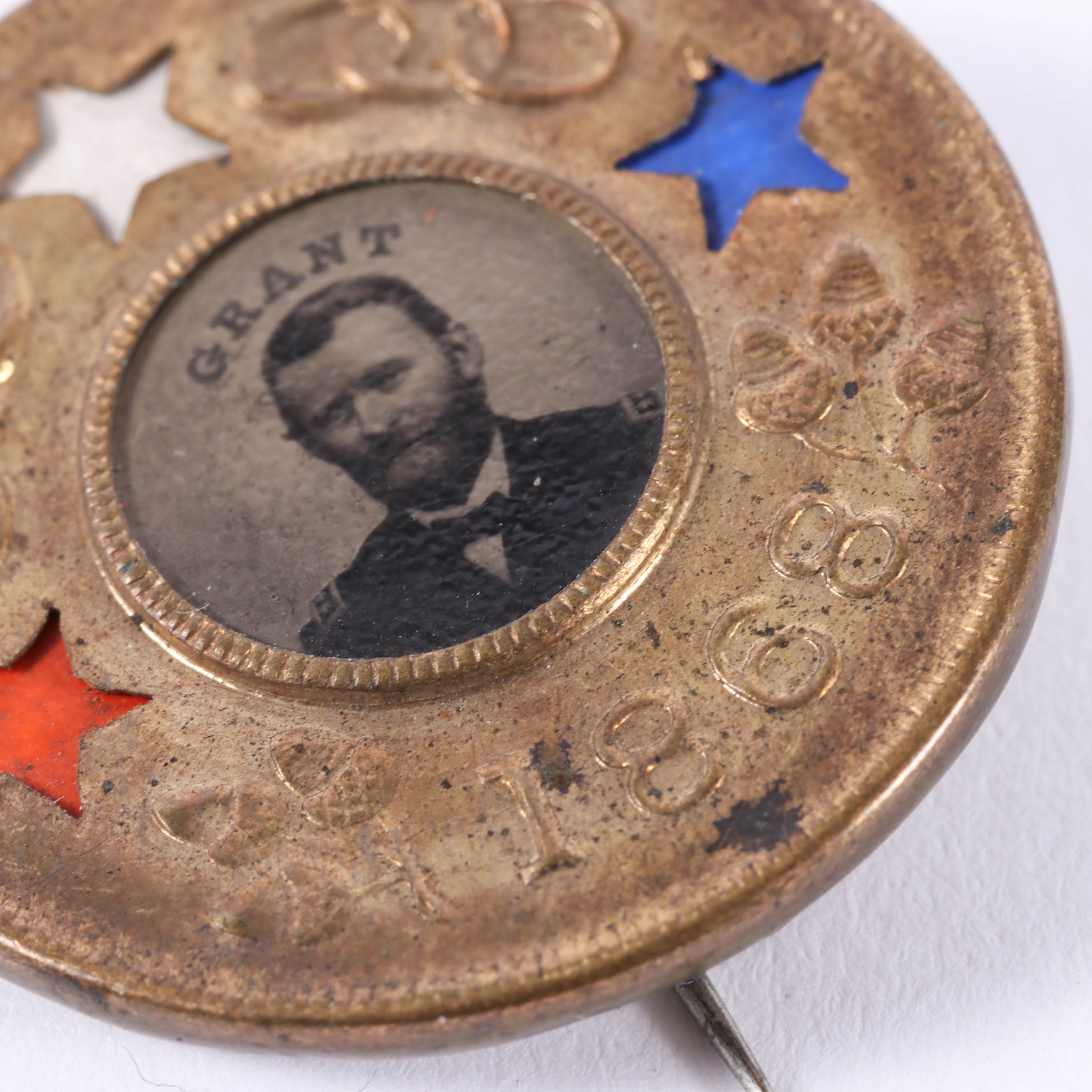 Ulysses S. Grant Diecut Red-White-Blue Star Insert Ferrotype Badge