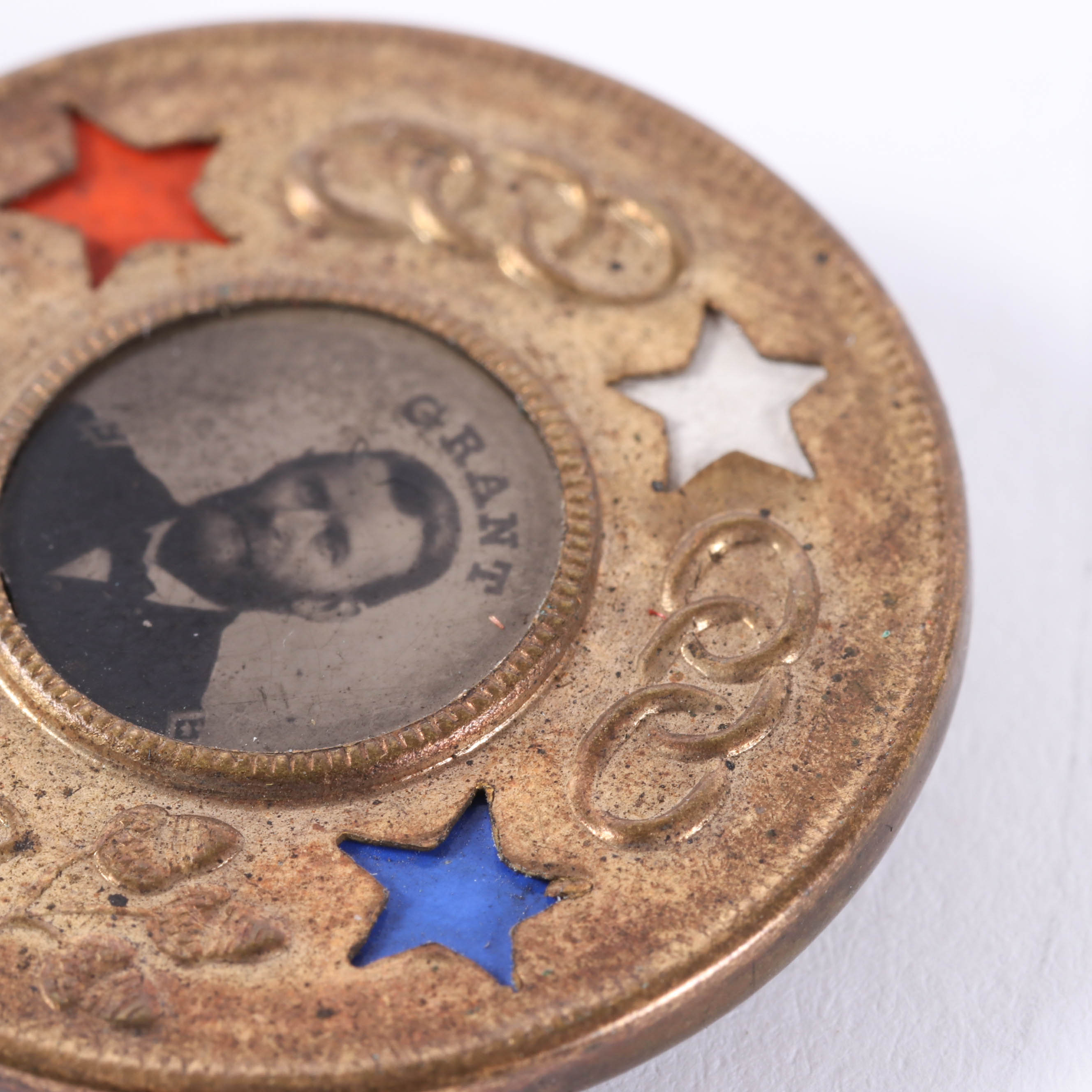 Ulysses S. Grant Diecut Red-White-Blue Star Insert Ferrotype Badge