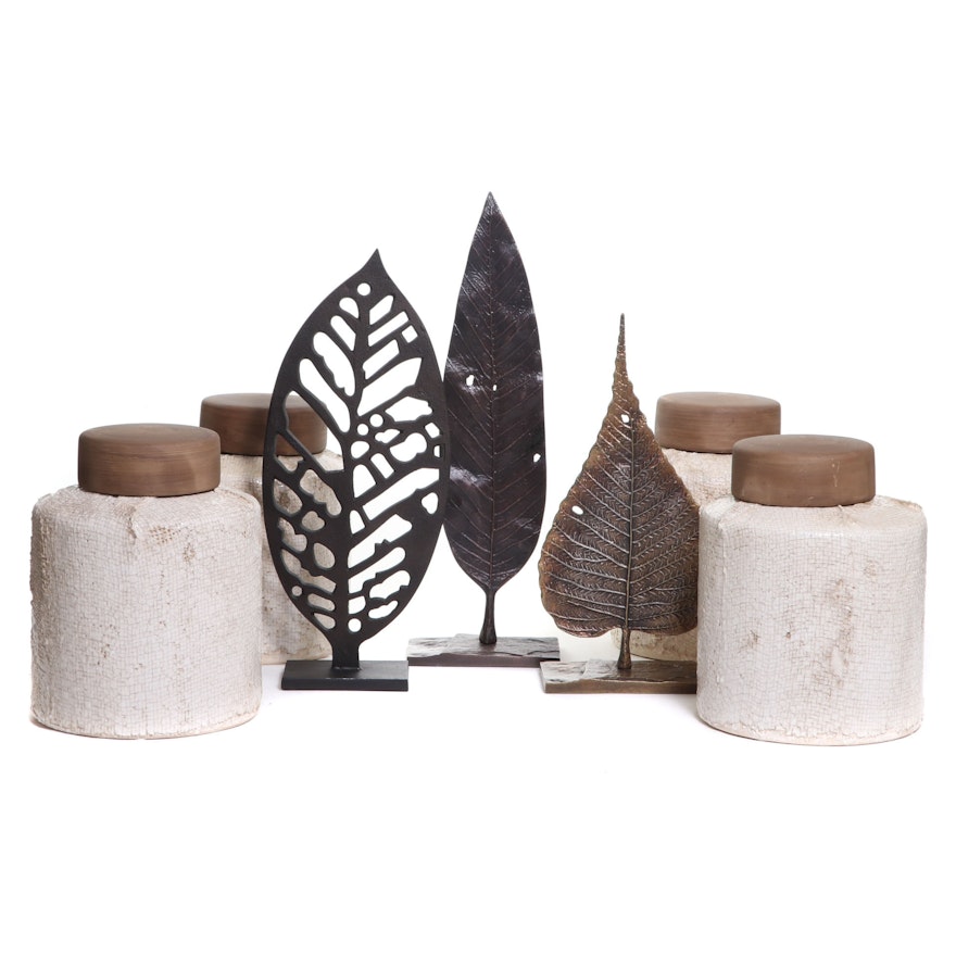 Metal Leaf Sculptures and Textured Ceramic Jars