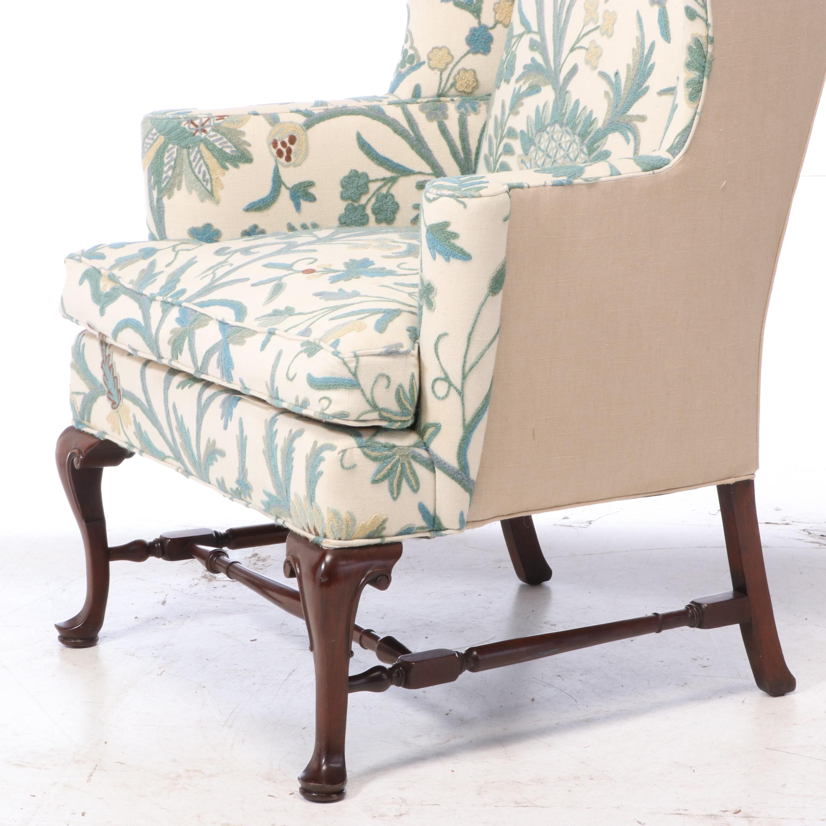 Southwood Reproductions George II Style Mahogany & Crewelwork Wingback Armchair