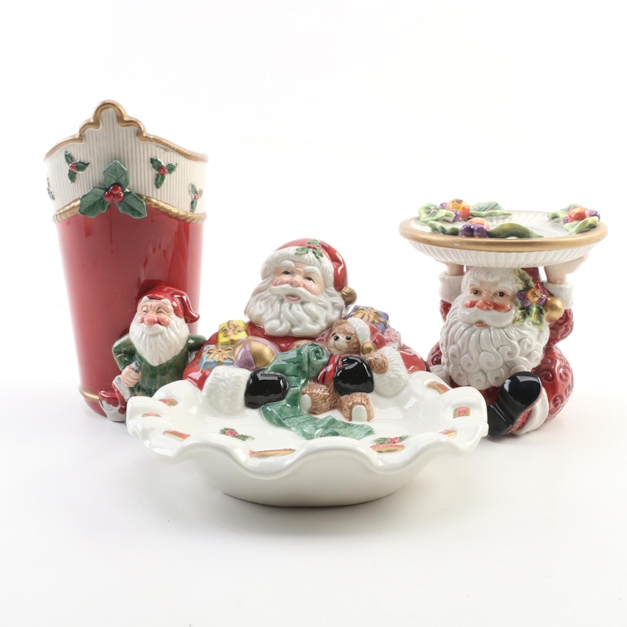 Fitz & Floyd Old World Christmas Ceramic Cookie and Candy Dish with Red Elf Vase