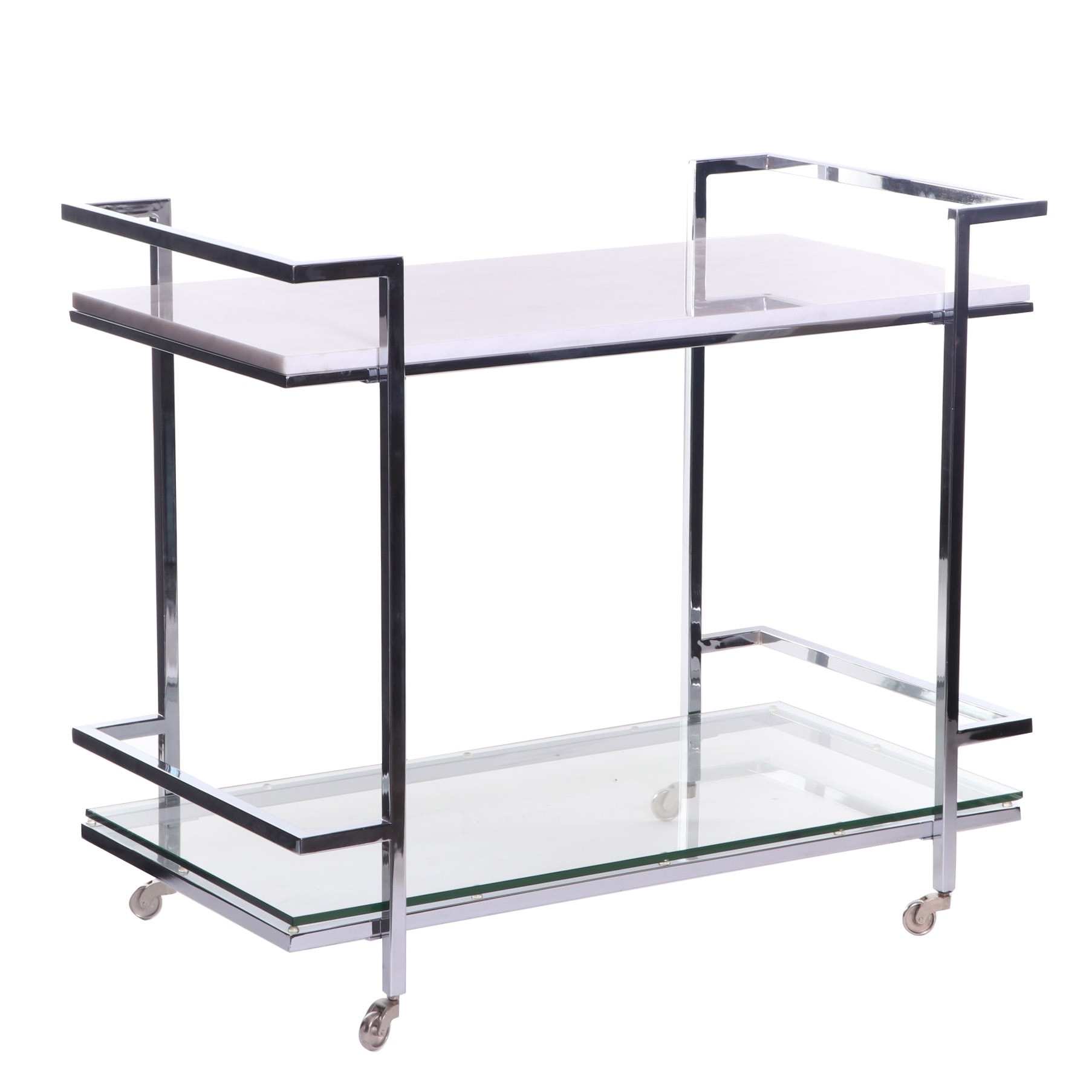 White Marble and Chrome Mobile Bar Cart, Contemporary