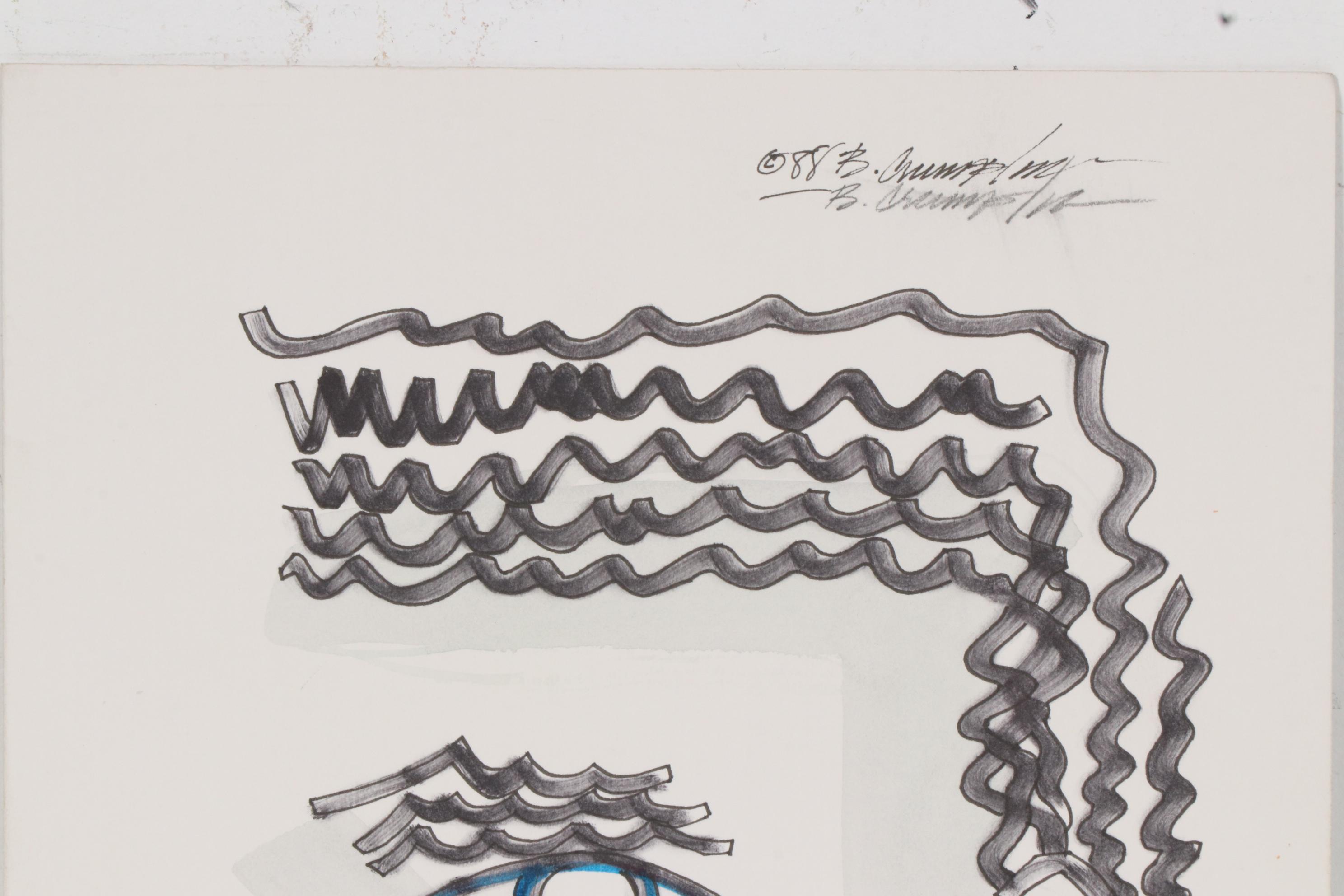 Benjamin Crumpler Mixed Media Drawing of Half-Face Portrait, 1988