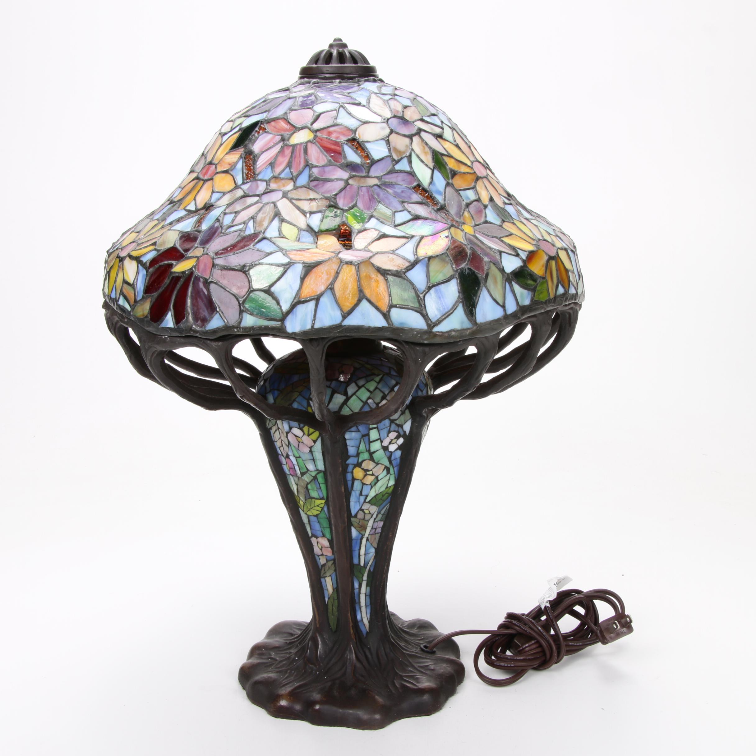 Tiffany Style Bronze and Slag Glass Lamp with Illuminated Bulbular Base