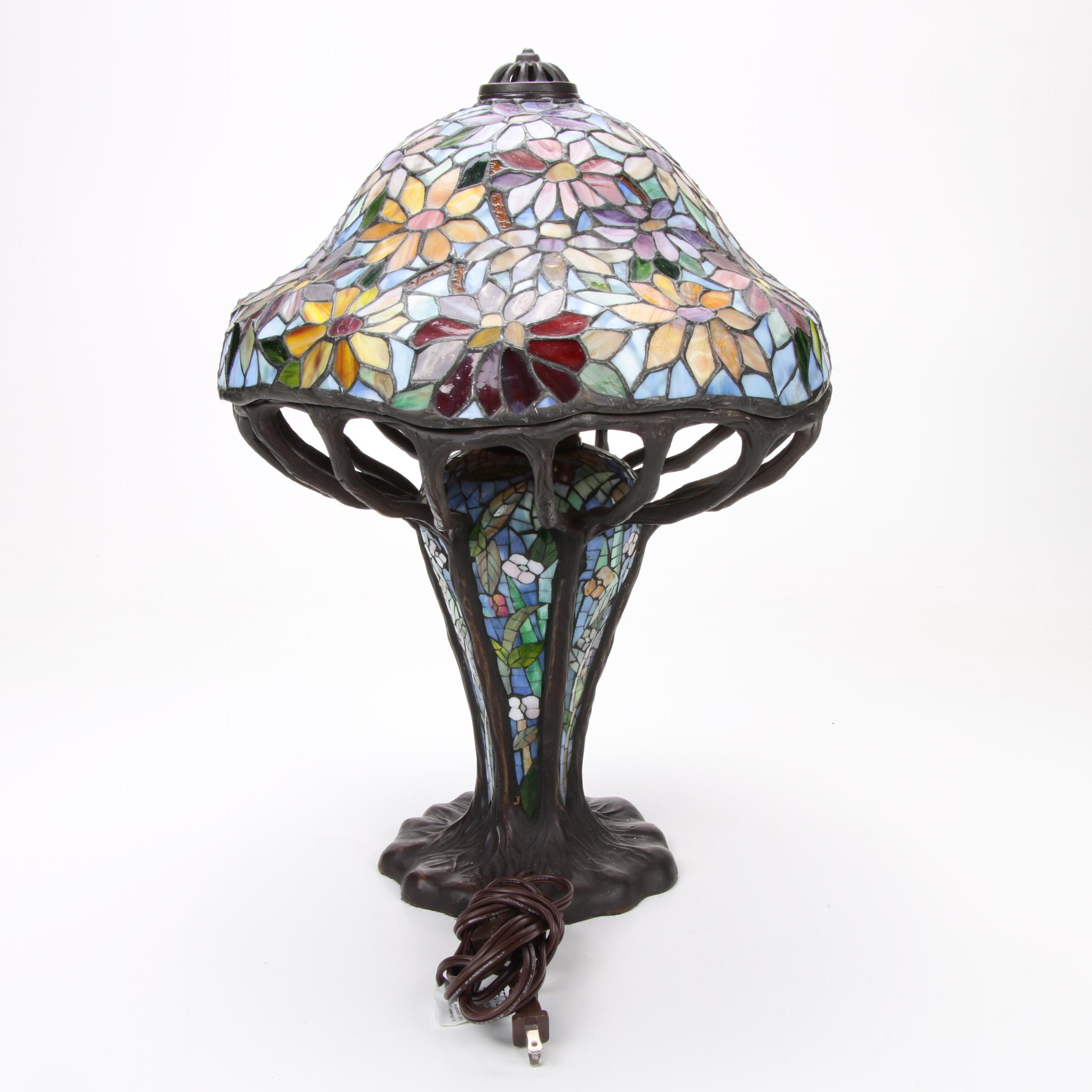 Tiffany Style Bronze and Slag Glass Lamp with Illuminated Bulbular Base