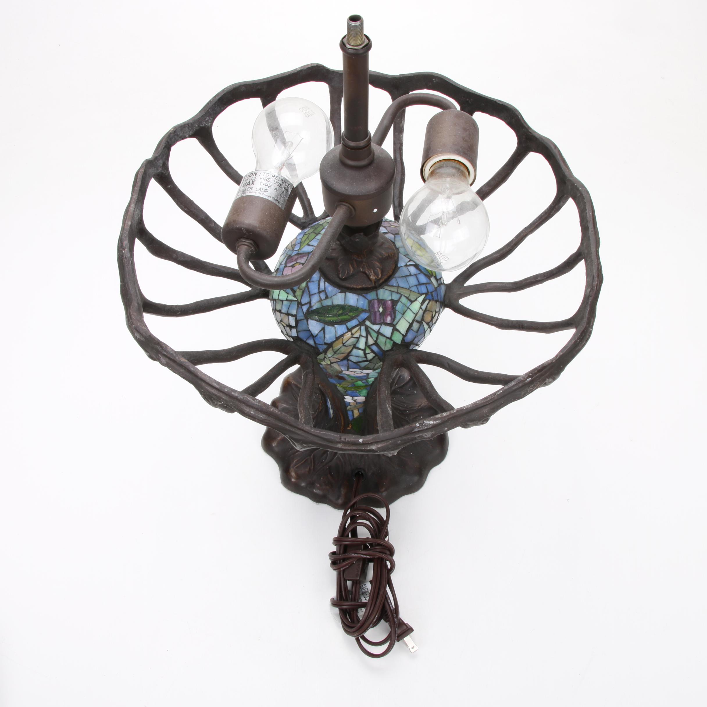 Tiffany Style Bronze and Slag Glass Lamp with Illuminated Bulbular Base