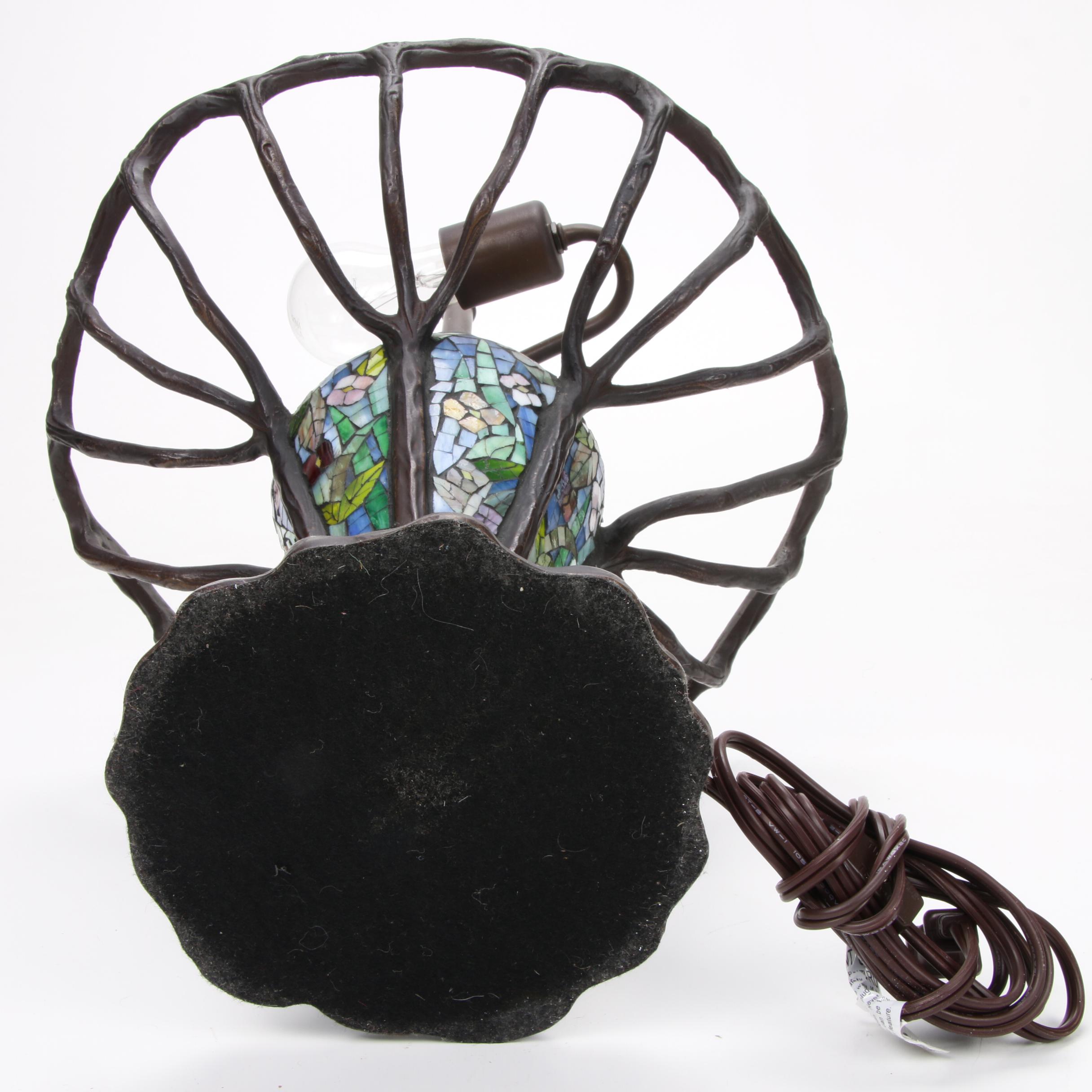 Tiffany Style Bronze and Slag Glass Lamp with Illuminated Bulbular Base