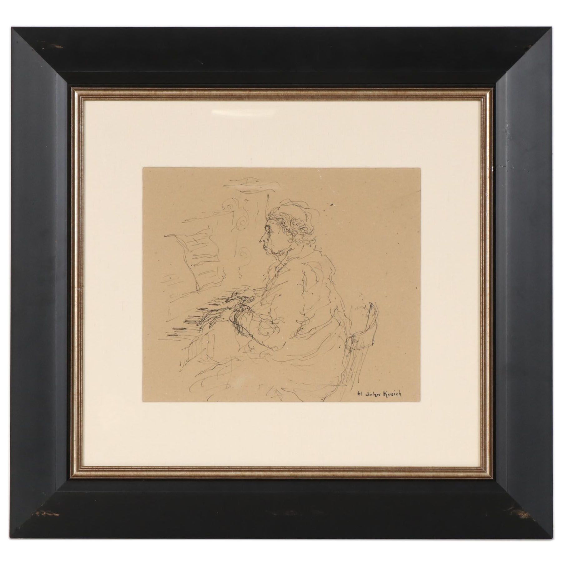 John Kuzich Ink Drawing "Woman Playing Piano"