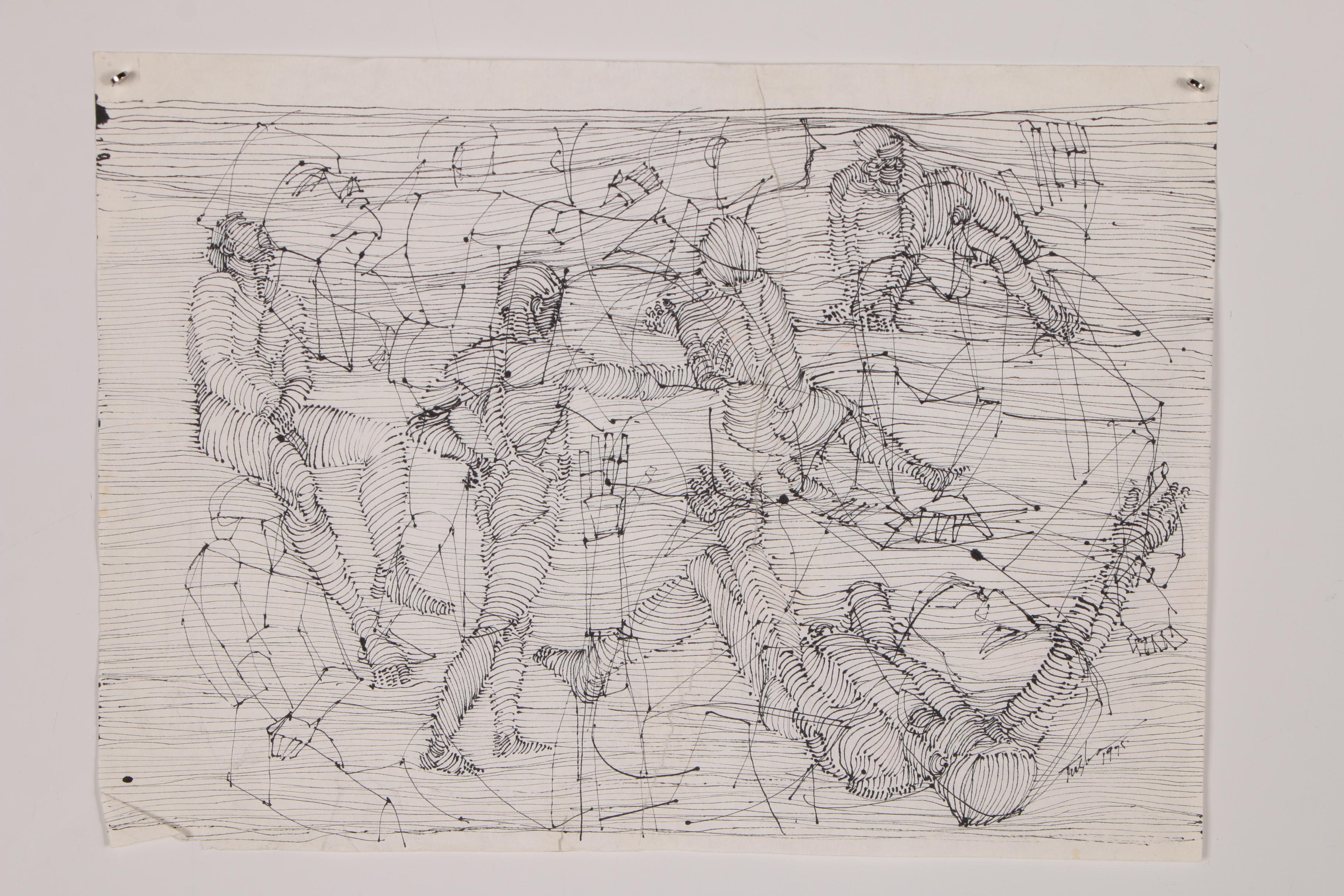 John Tuska Linear Ink Drawing of Figural Study, 1995