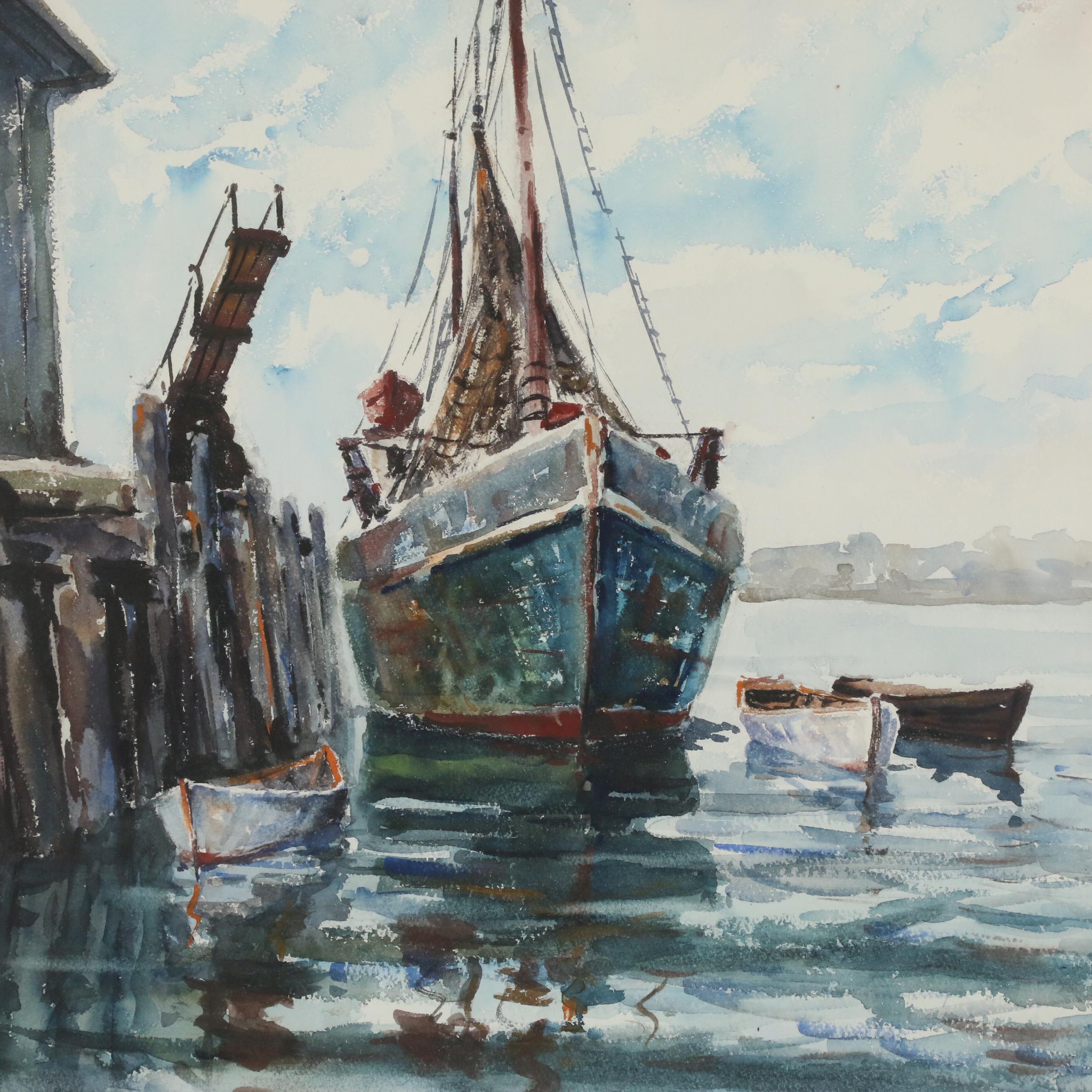 Taddeus Klodnicki Harbor Scene Watercolor Painting, Mid-Late 20th Century