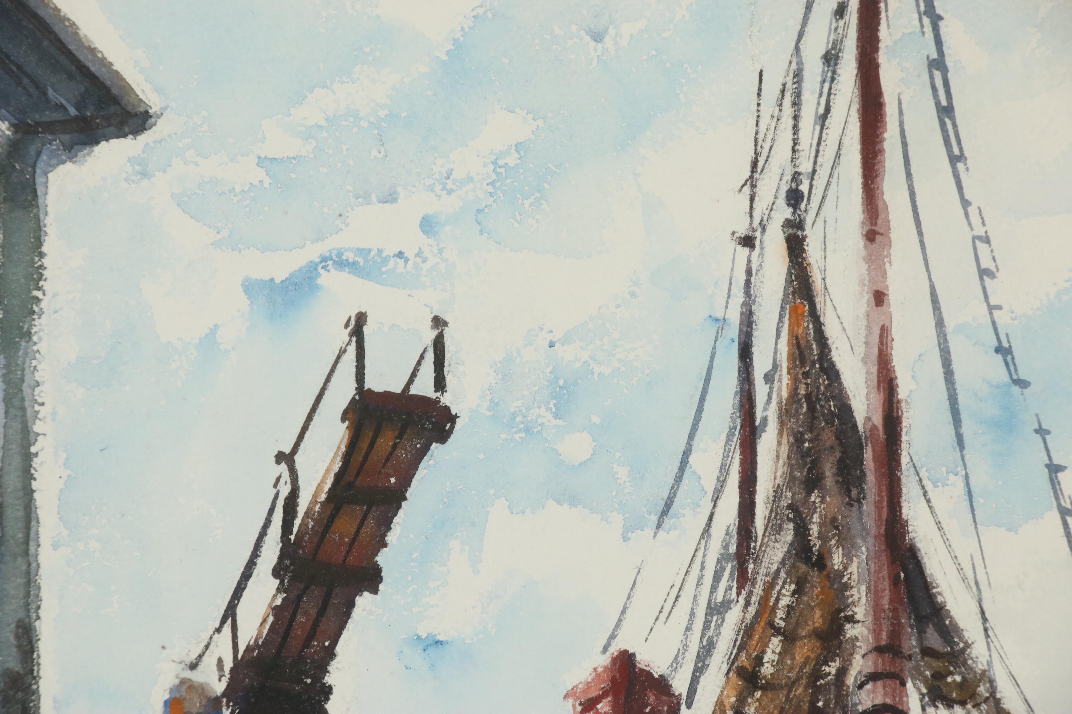 Taddeus Klodnicki Harbor Scene Watercolor Painting, Mid-Late 20th Century