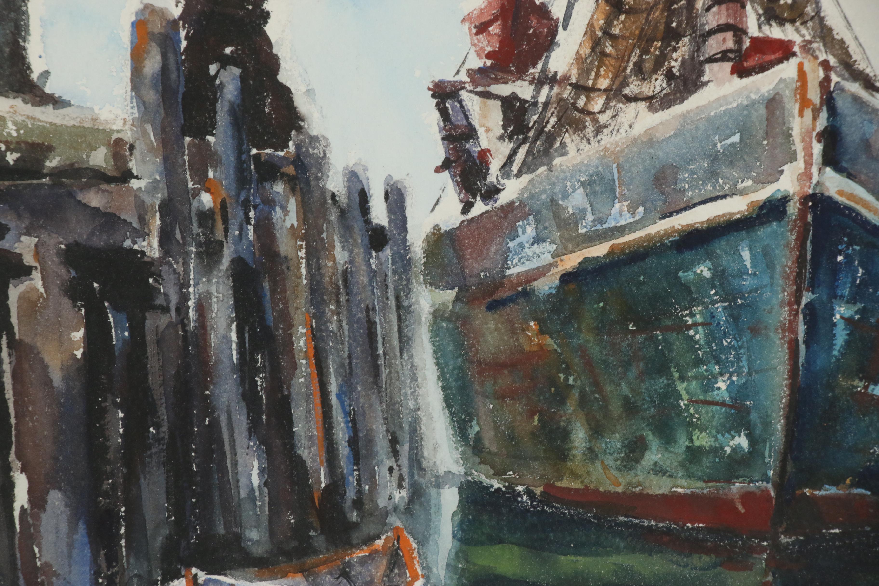 Taddeus Klodnicki Harbor Scene Watercolor Painting, Mid-Late 20th Century