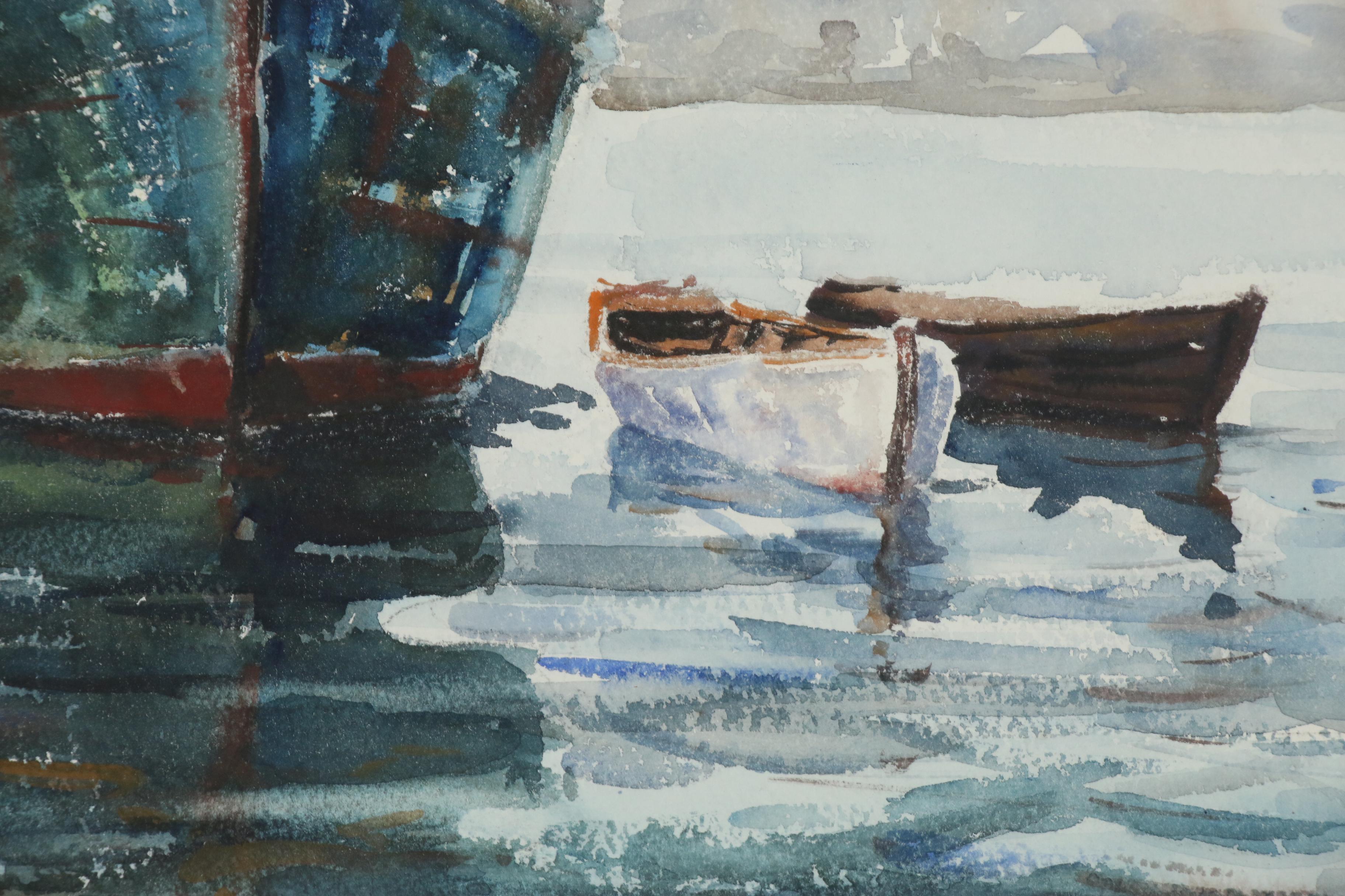 Taddeus Klodnicki Harbor Scene Watercolor Painting, Mid-Late 20th Century