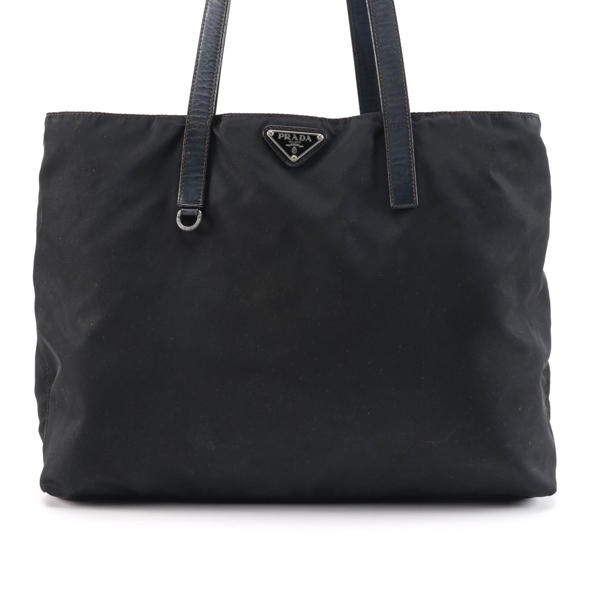 Prada Tessuto Nylon Tote Bag with Leather Straps in Black