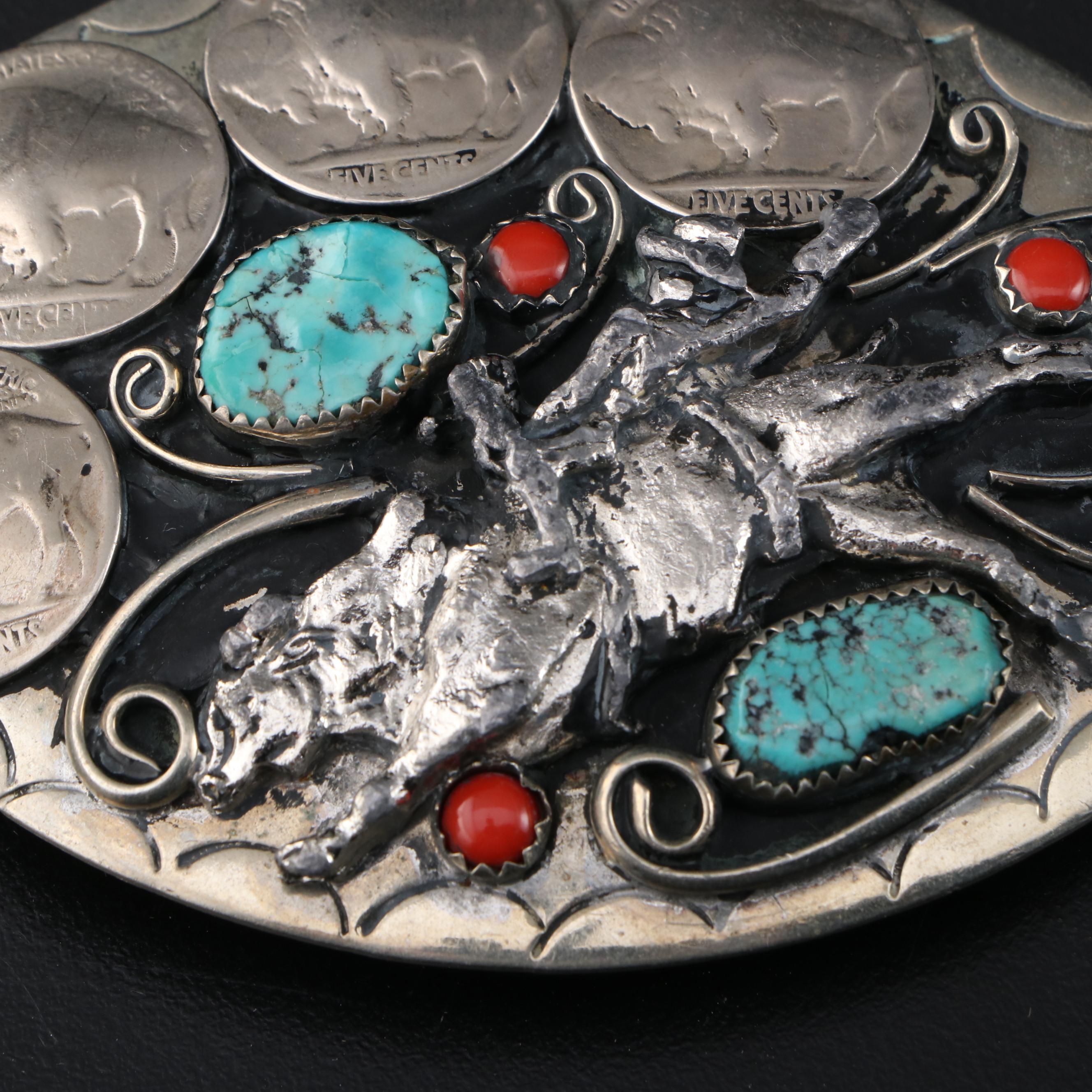 Southwestern Buffalo Nickel and Turquoise Rodeo Motif Belt Buckle