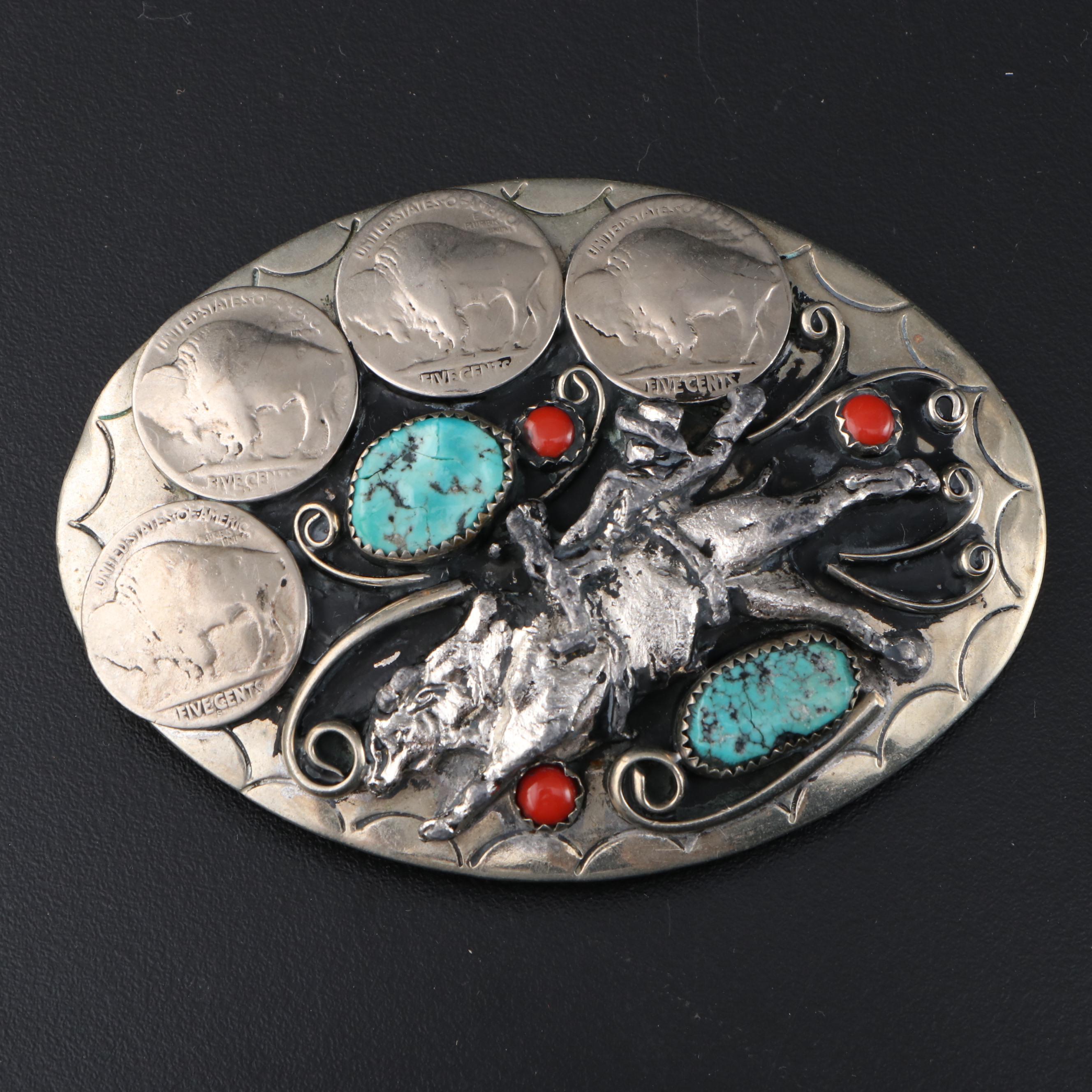 Southwestern Buffalo Nickel and Turquoise Rodeo Motif Belt Buckle