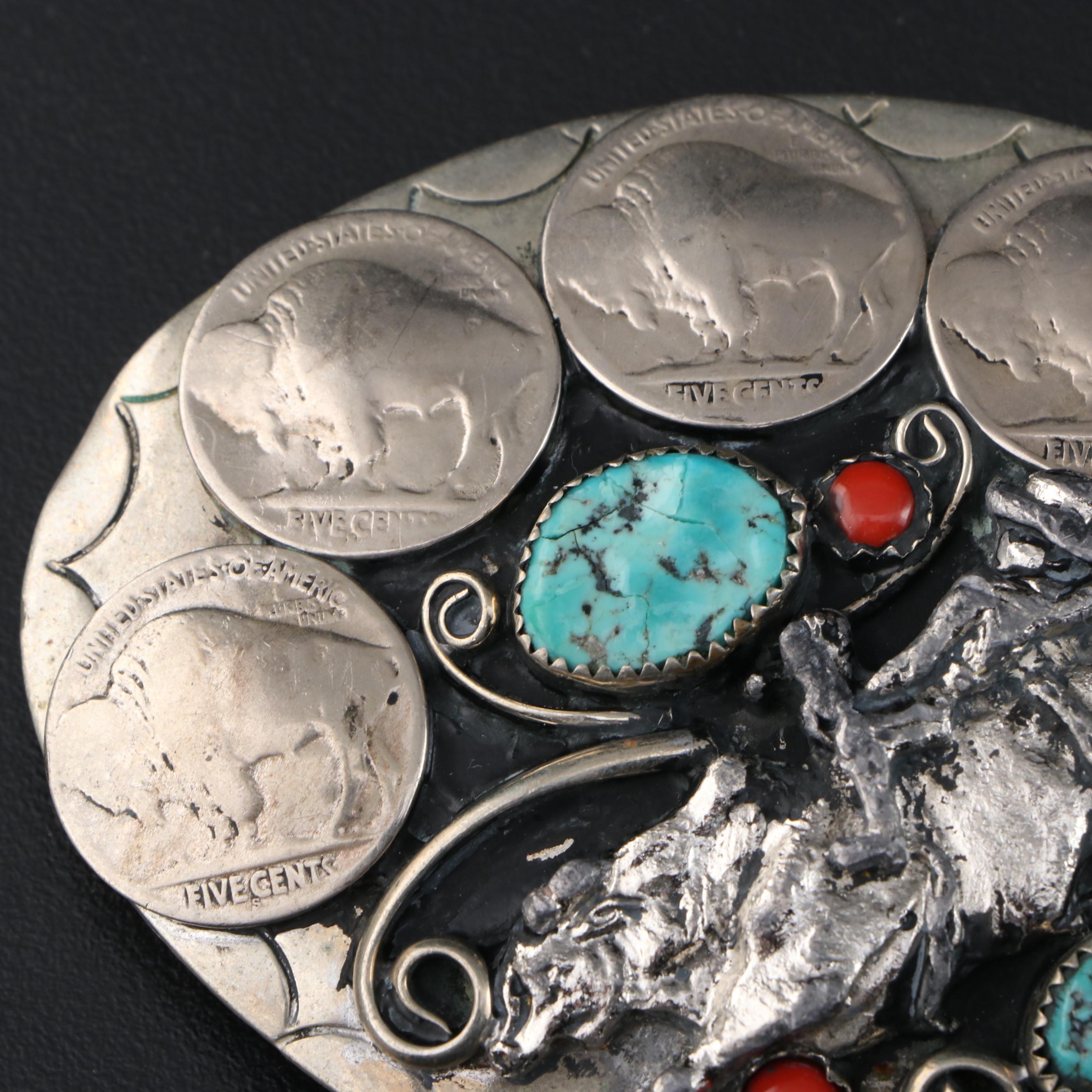 Southwestern Buffalo Nickel and Turquoise Rodeo Motif Belt Buckle