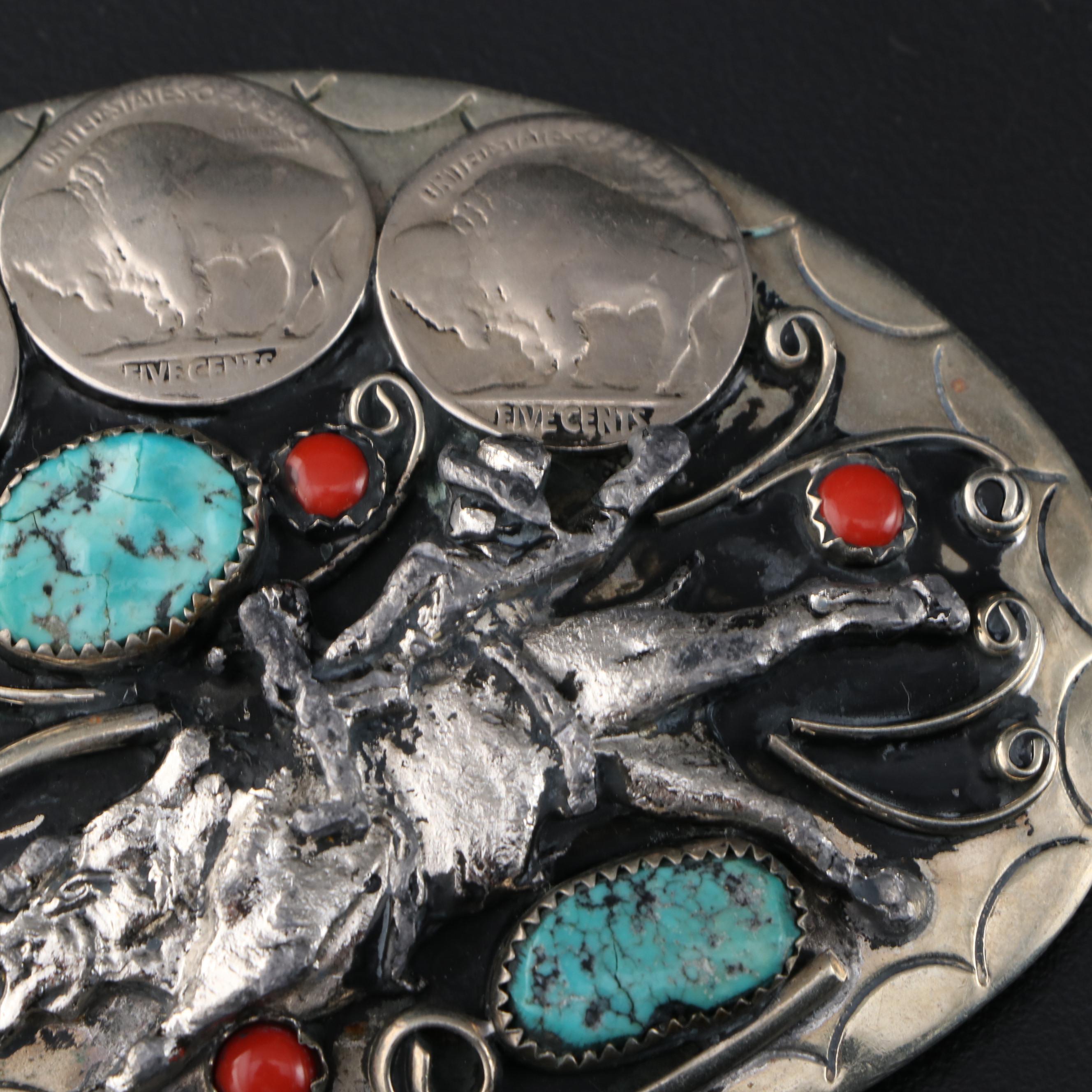 Southwestern Buffalo Nickel and Turquoise Rodeo Motif Belt Buckle