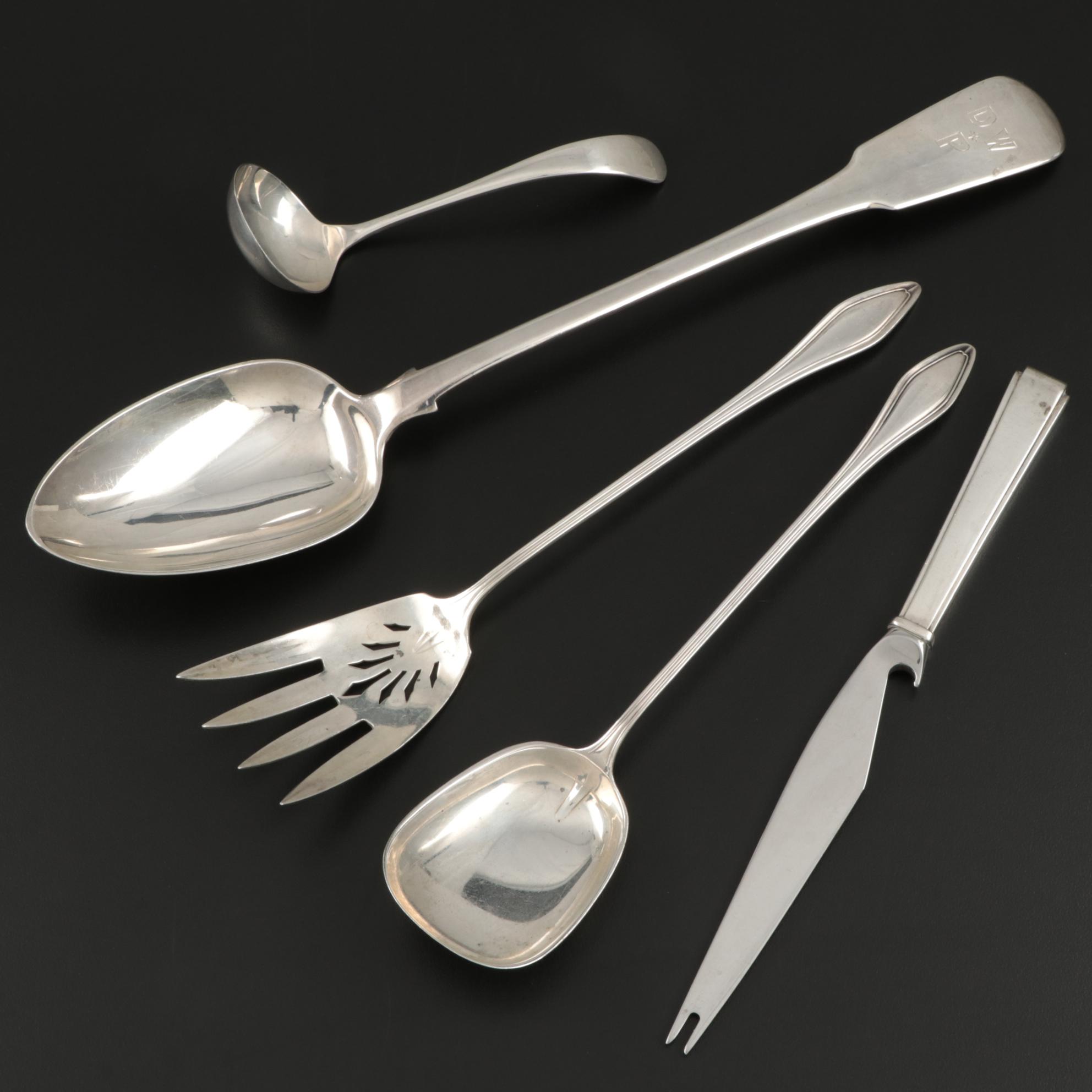 1815 James Beebe English Serving Spoon and Other Sterling Silver Utensils