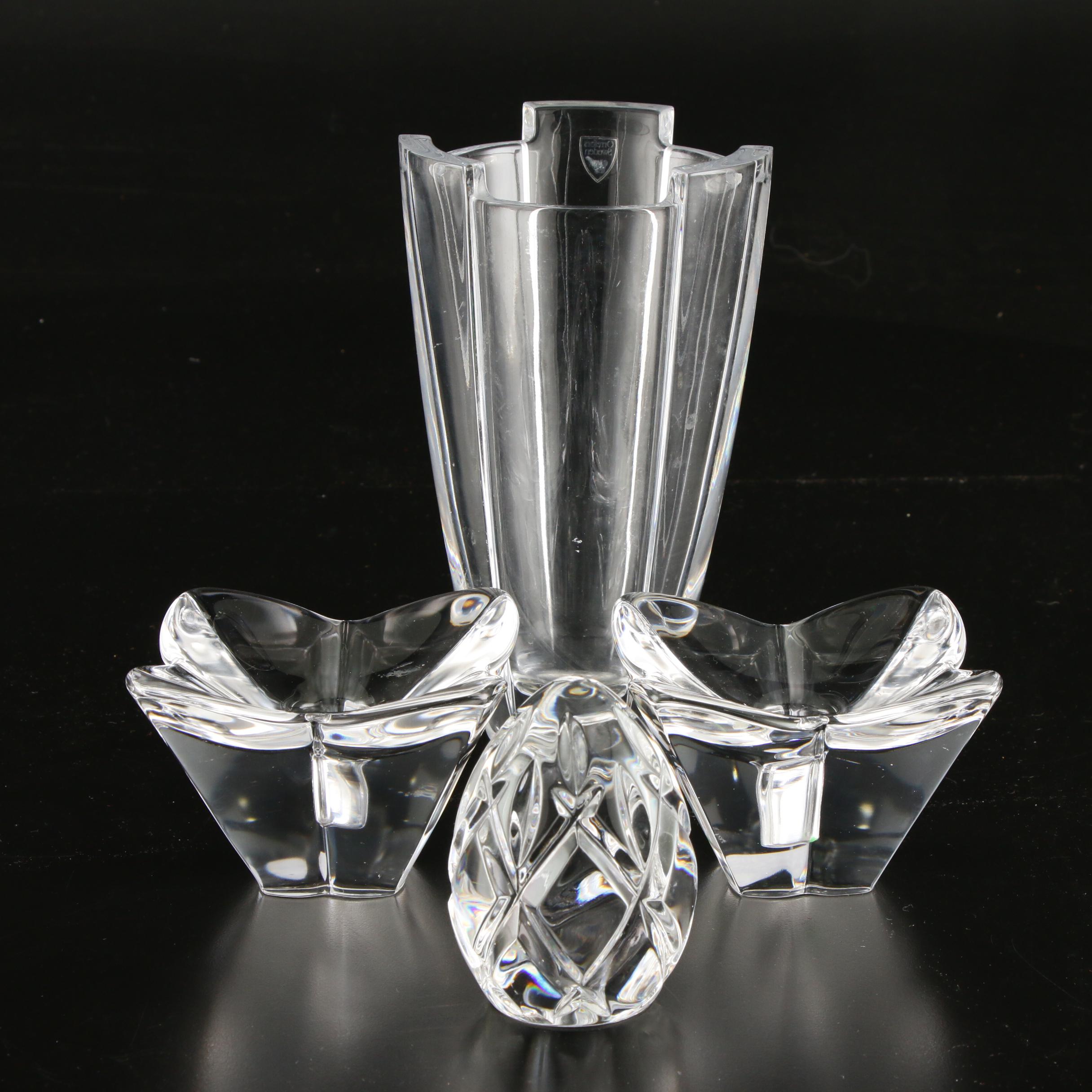 Orrefors "Arctic" Crystal Vase, "Lotus Violet" Candle Holders and Lenox Egg