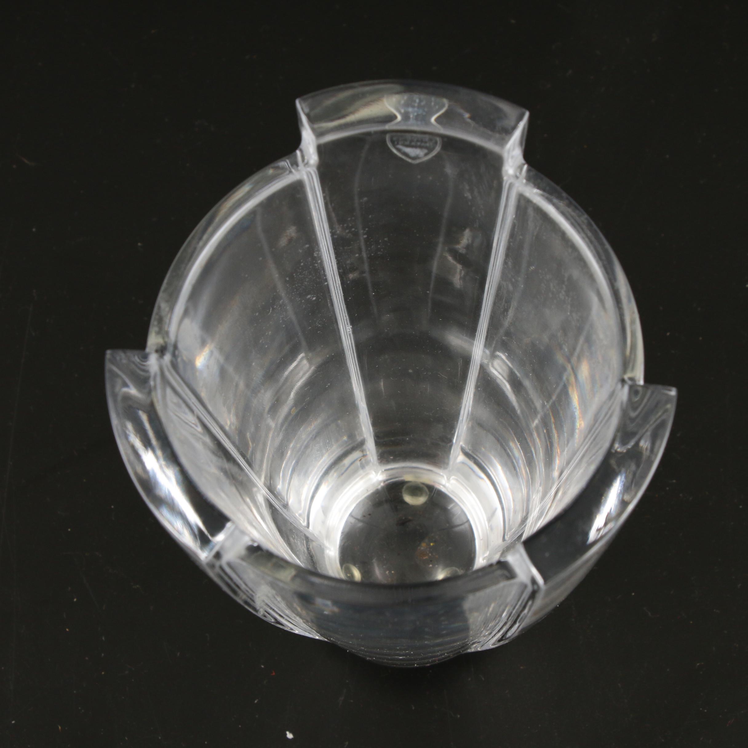 Orrefors "Arctic" Crystal Vase, "Lotus Violet" Candle Holders and Lenox Egg