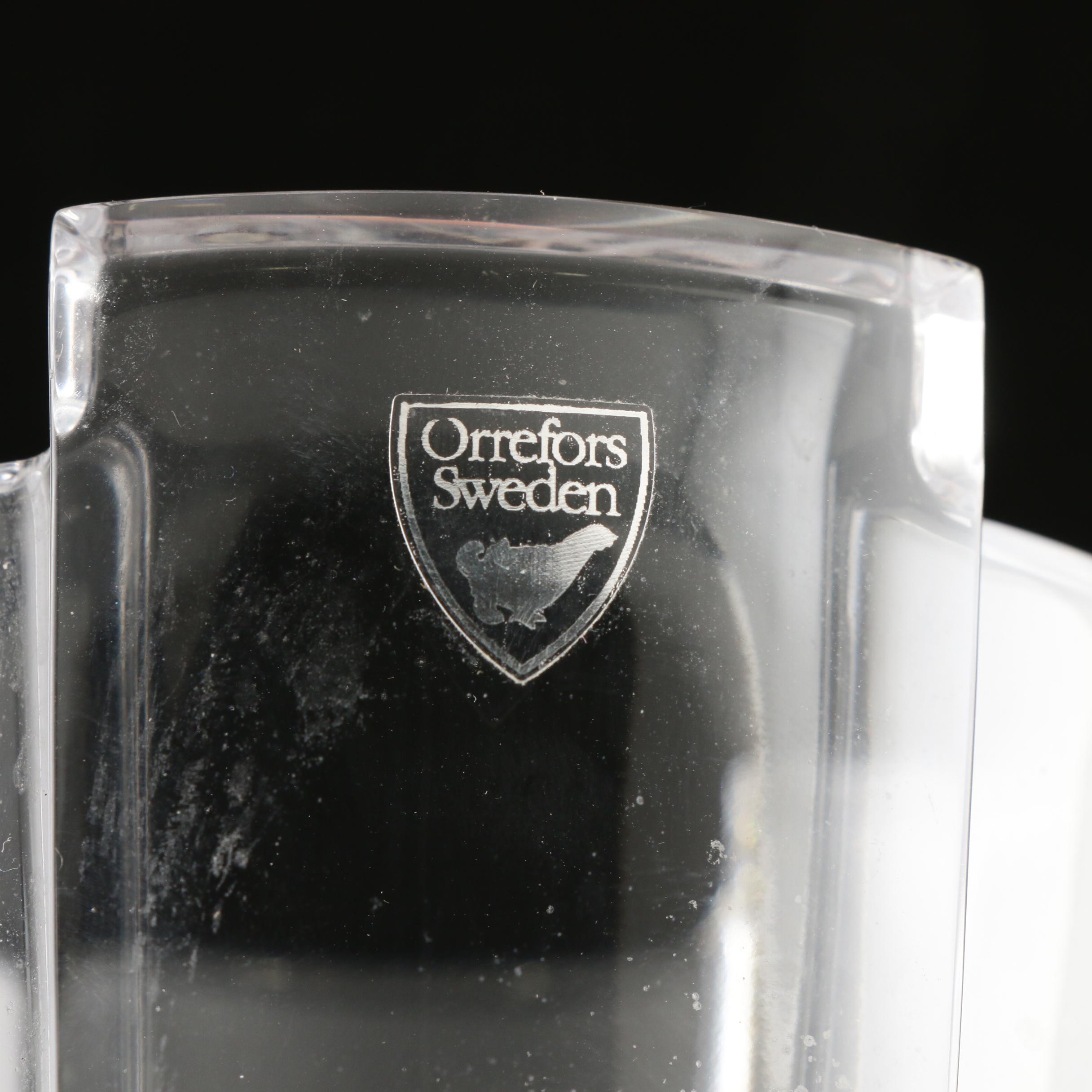 Orrefors "Arctic" Crystal Vase, "Lotus Violet" Candle Holders and Lenox Egg