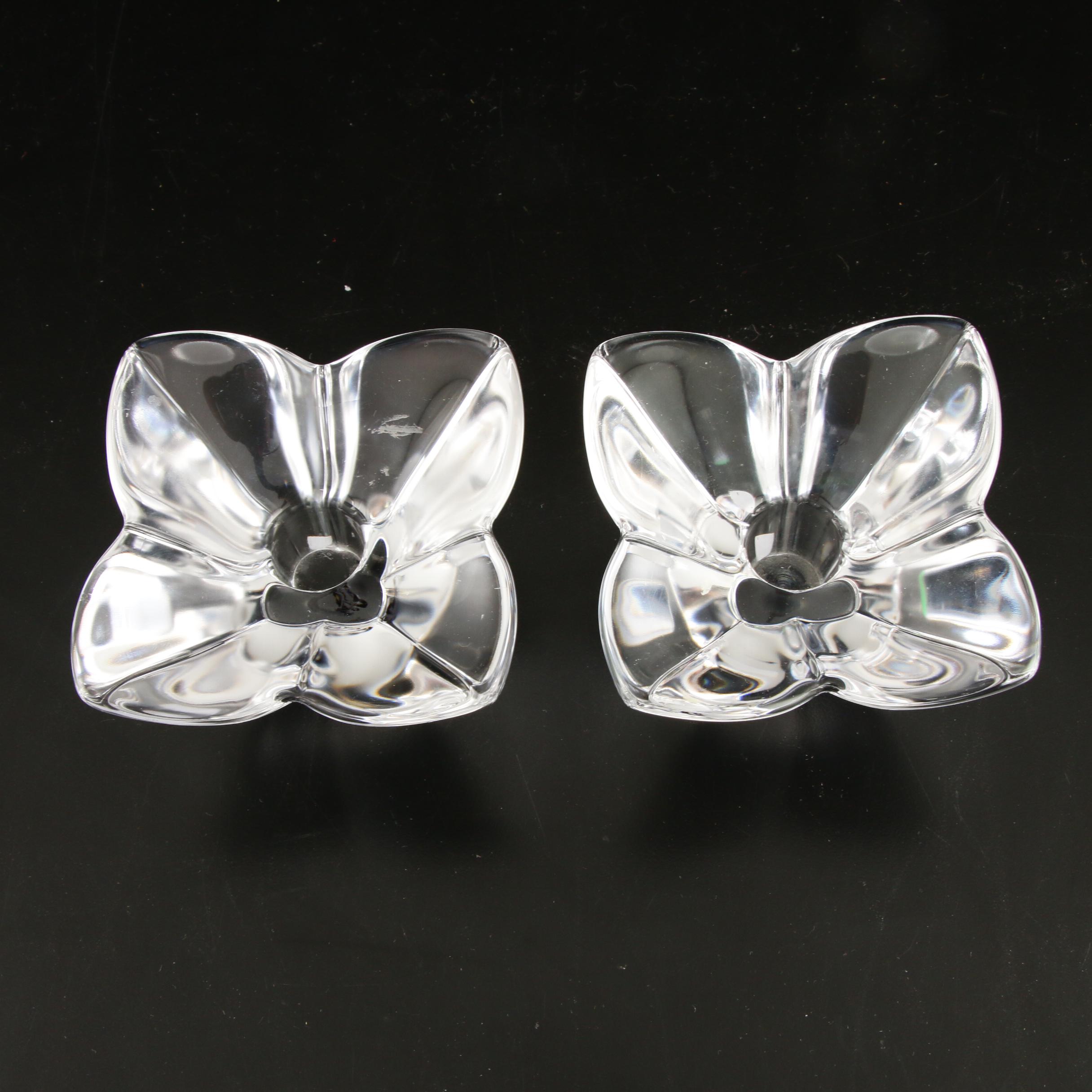 Orrefors "Arctic" Crystal Vase, "Lotus Violet" Candle Holders and Lenox Egg