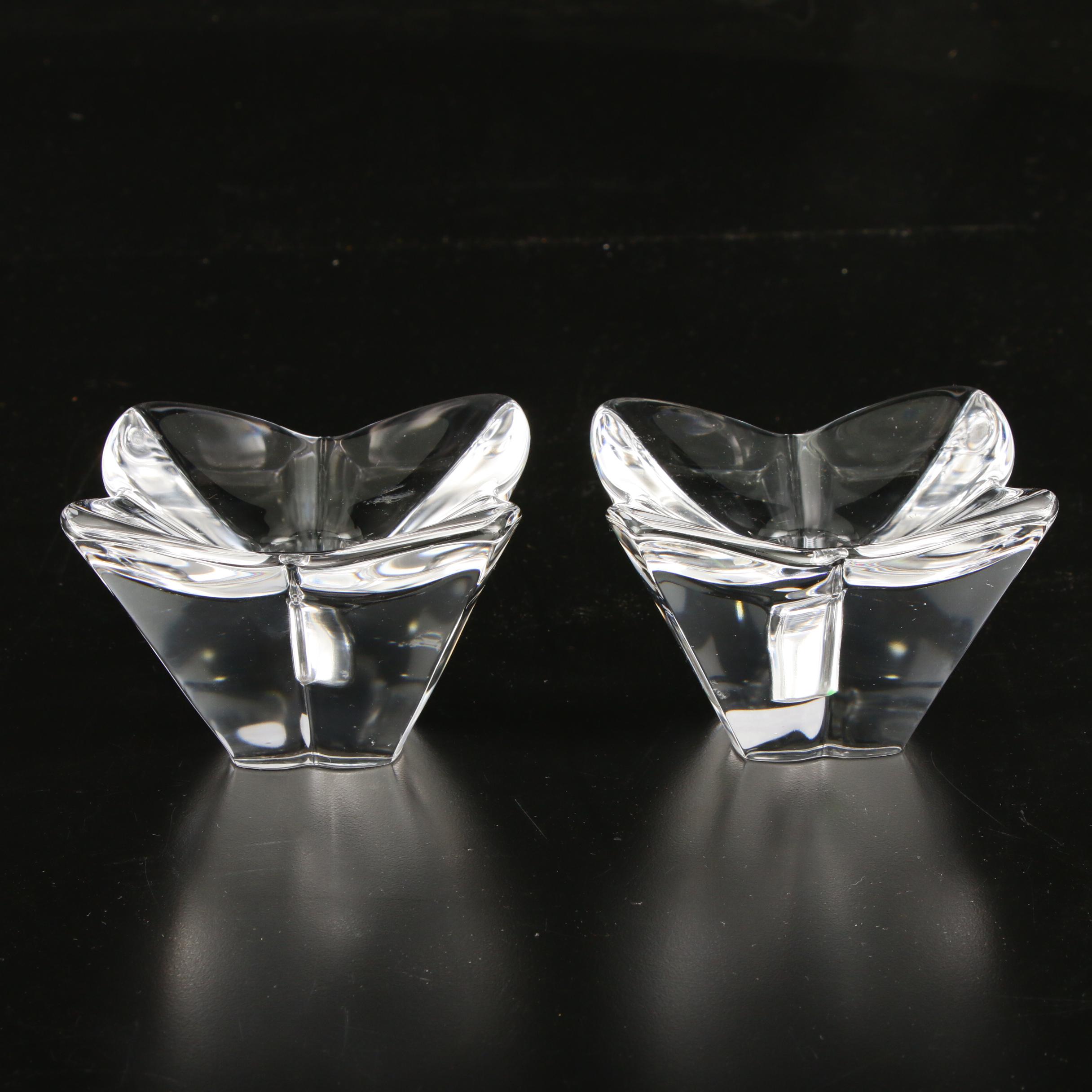 Orrefors "Arctic" Crystal Vase, "Lotus Violet" Candle Holders and Lenox Egg