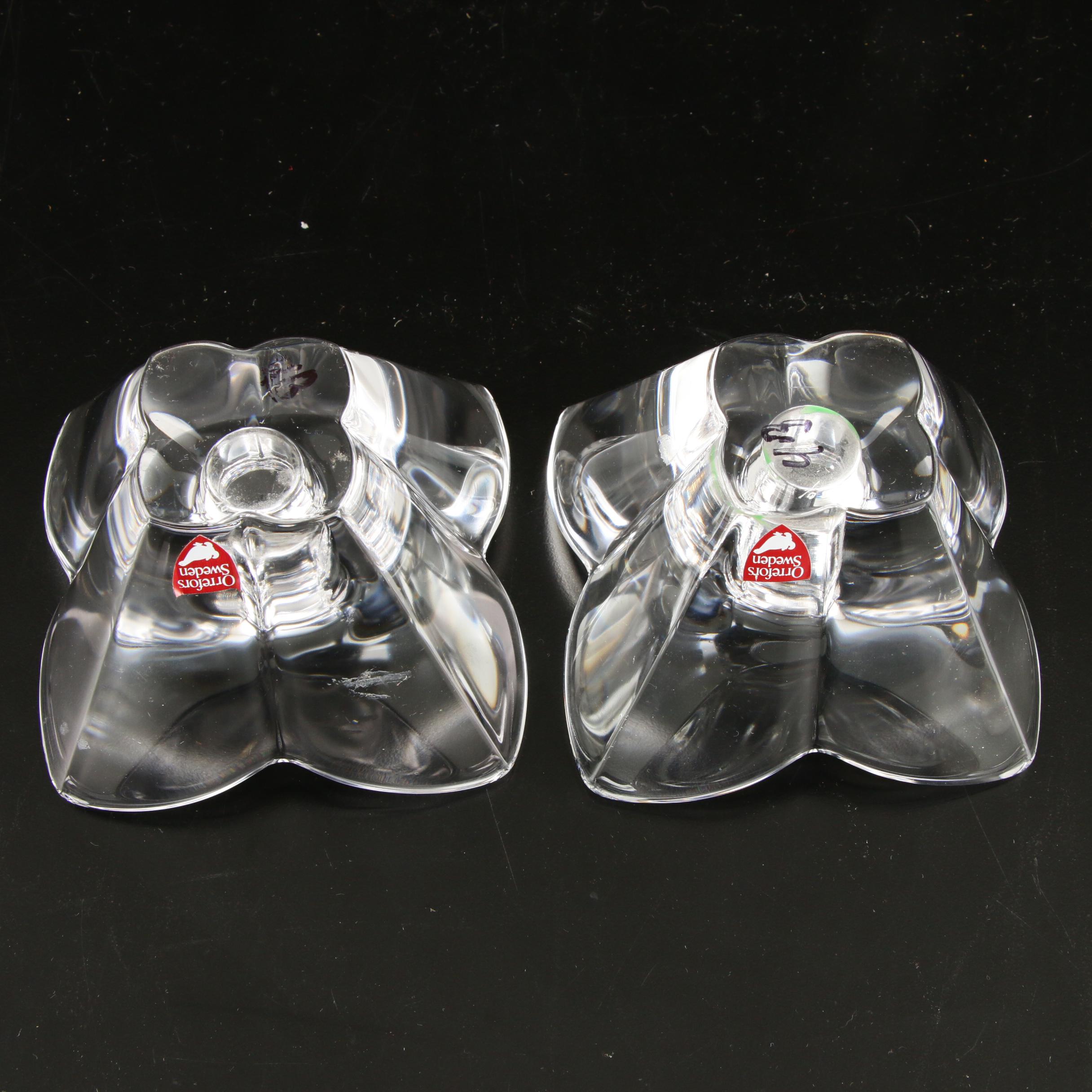 Orrefors "Arctic" Crystal Vase, "Lotus Violet" Candle Holders and Lenox Egg