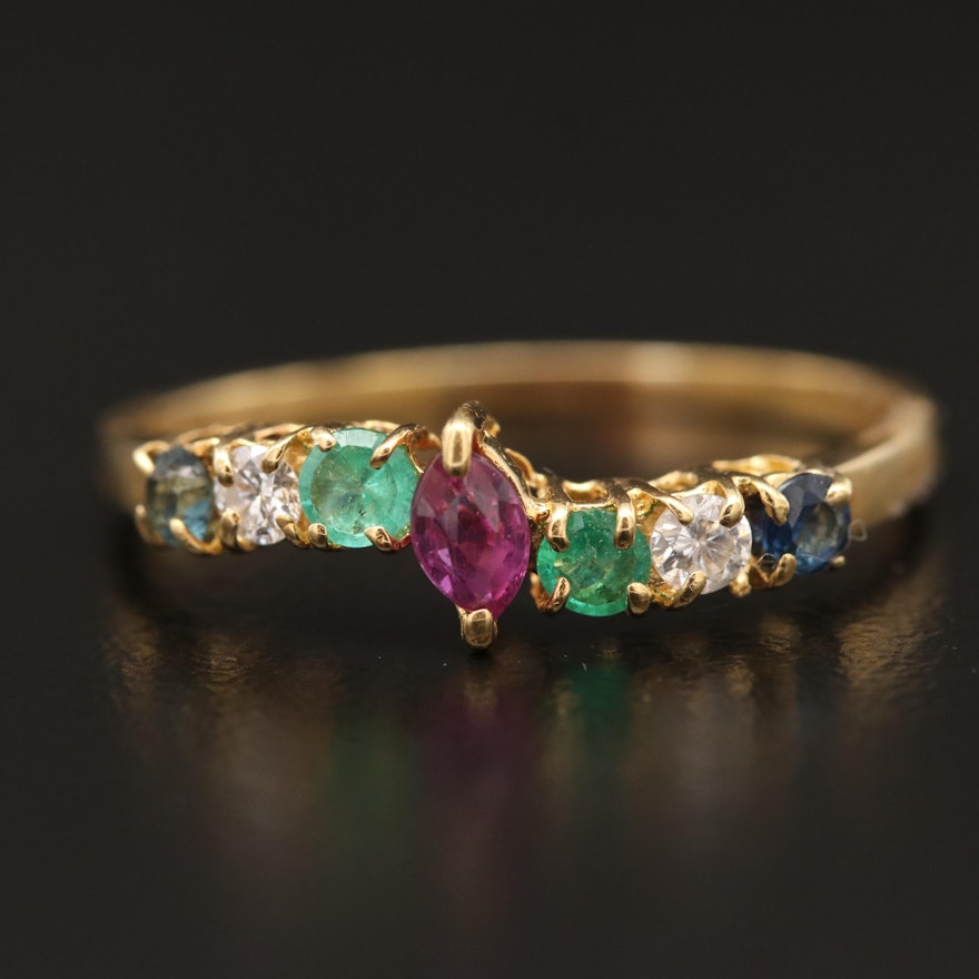 18K Ruby Bypass Ring with Diamond, Sapphire and Emerald Accents