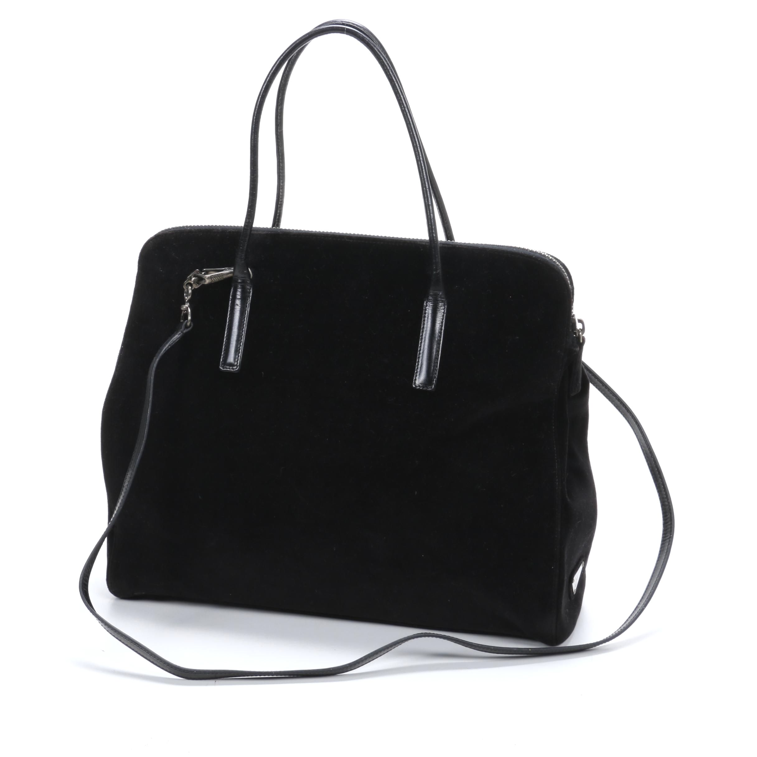 Prada Top Handle Two-Way Bag in Black Velvet and Leather