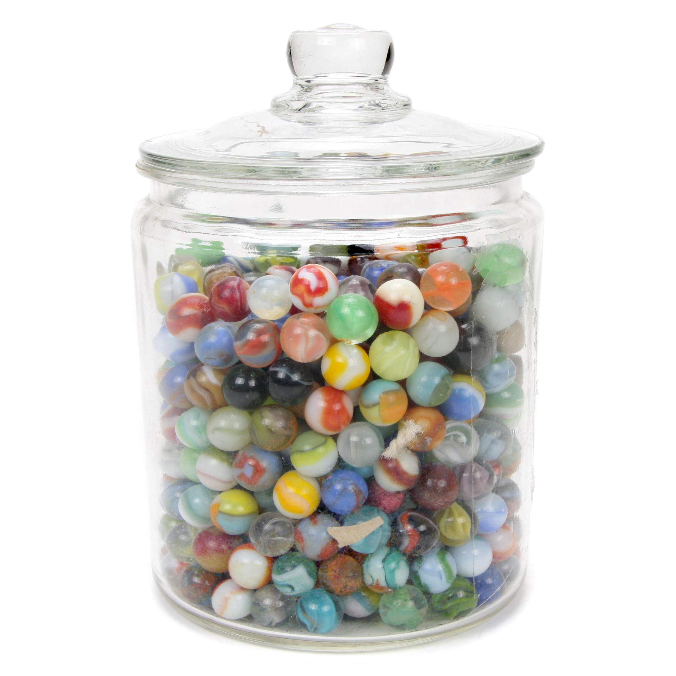 Akro Agate and Other Clay and Glass Marbles in Lidded Jar