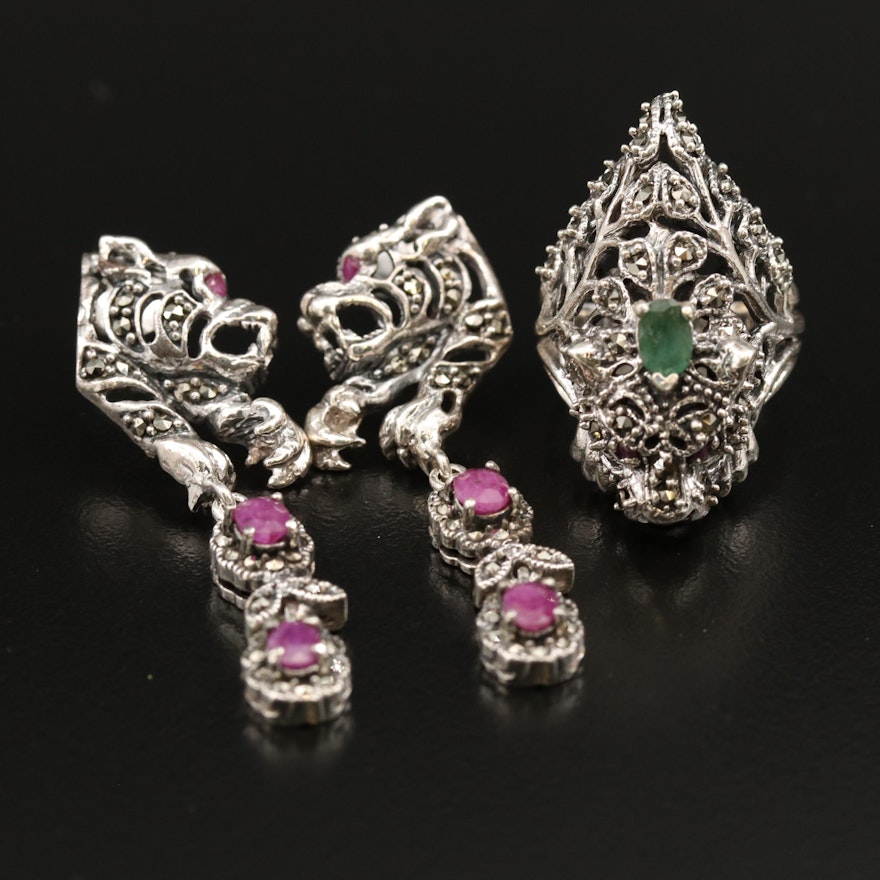 Sterling Emerald, Ruby and Marcasite Feline Motif Ring and Dangle Earrings