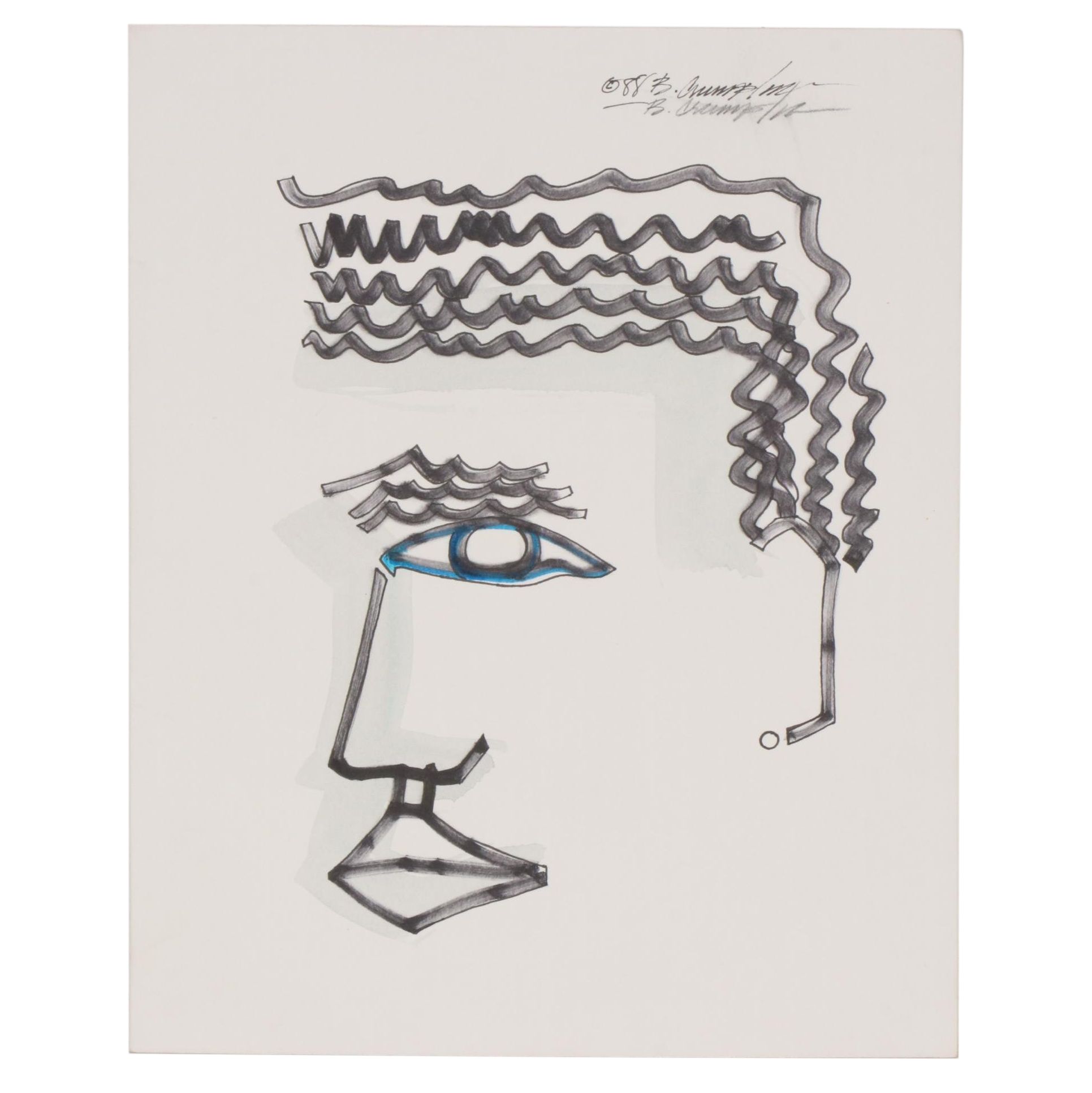 Benjamin Crumpler Mixed Media Drawing of Half-Face Portrait, 1988
