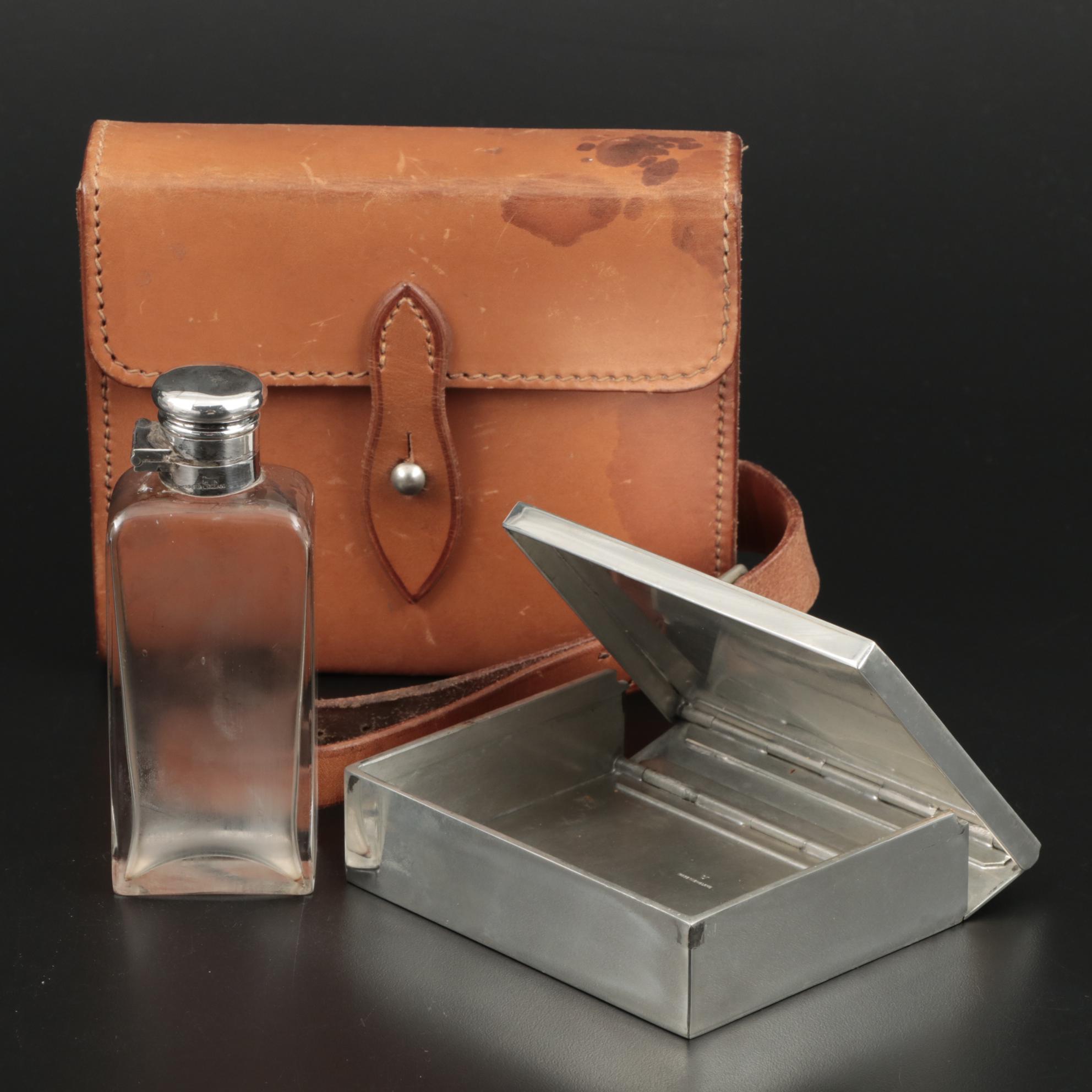 James Dixon & Sons Sandwich Box with Flask in Leather Case