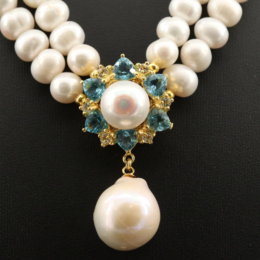 Sterling Silver Pearl, Blue and White Topaz Double Strand Necklace