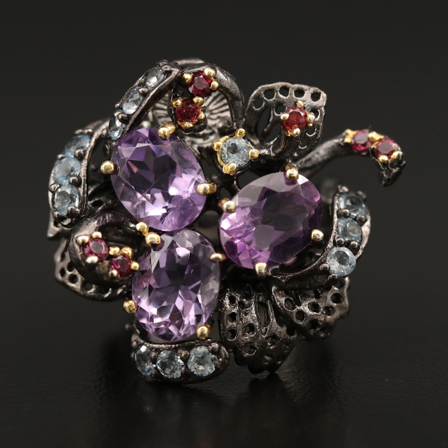 Sterling Silver Amethyst, Garnet and Blue Topaz Foliate Ring