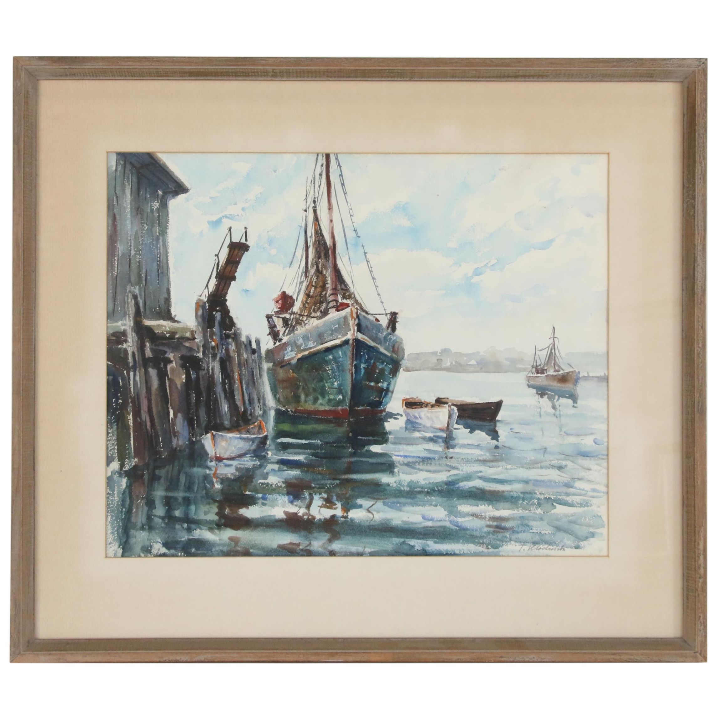 Taddeus Klodnicki Harbor Scene Watercolor Painting, Mid-Late 20th Century