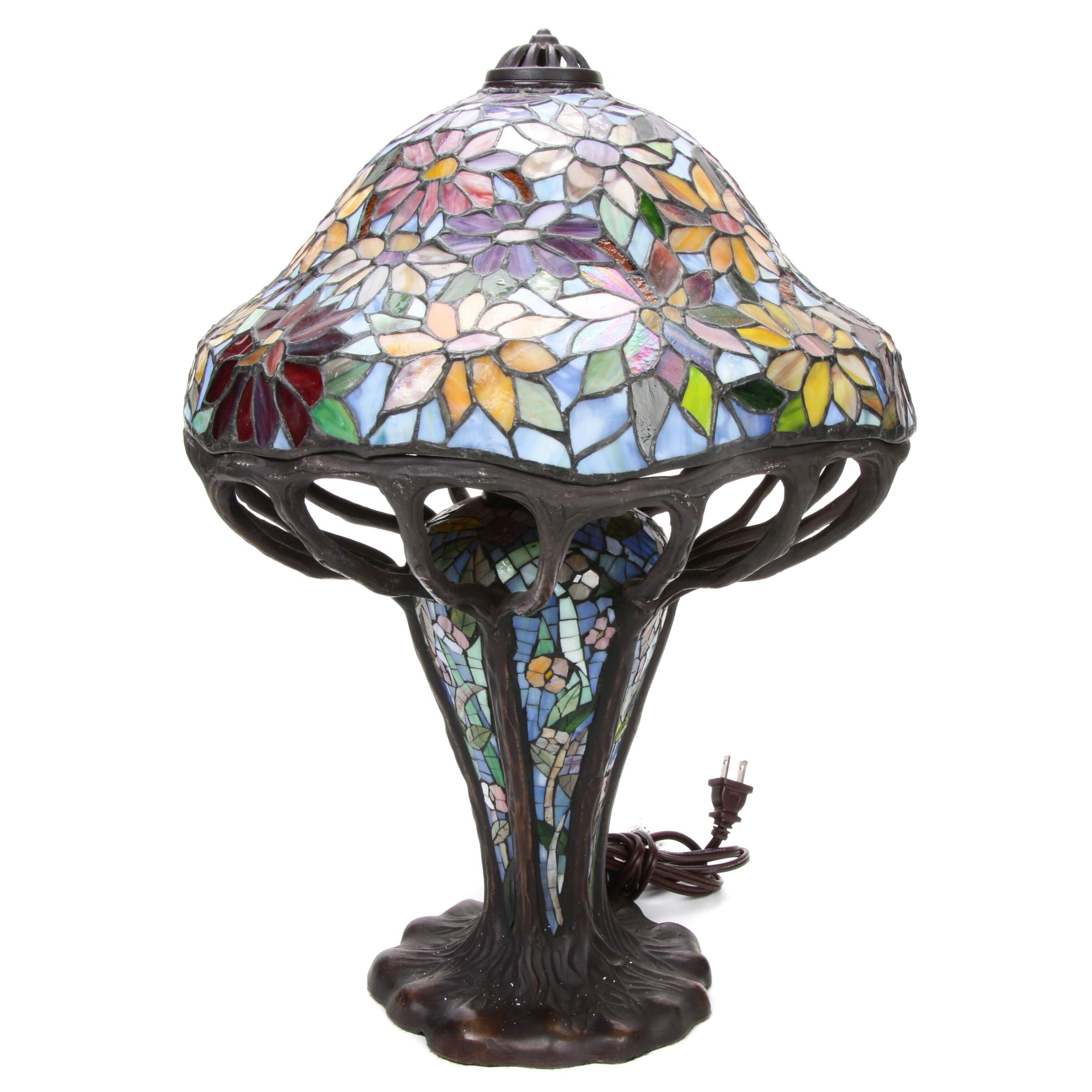 Tiffany Style Bronze and Slag Glass Lamp with Illuminated Bulbular Base