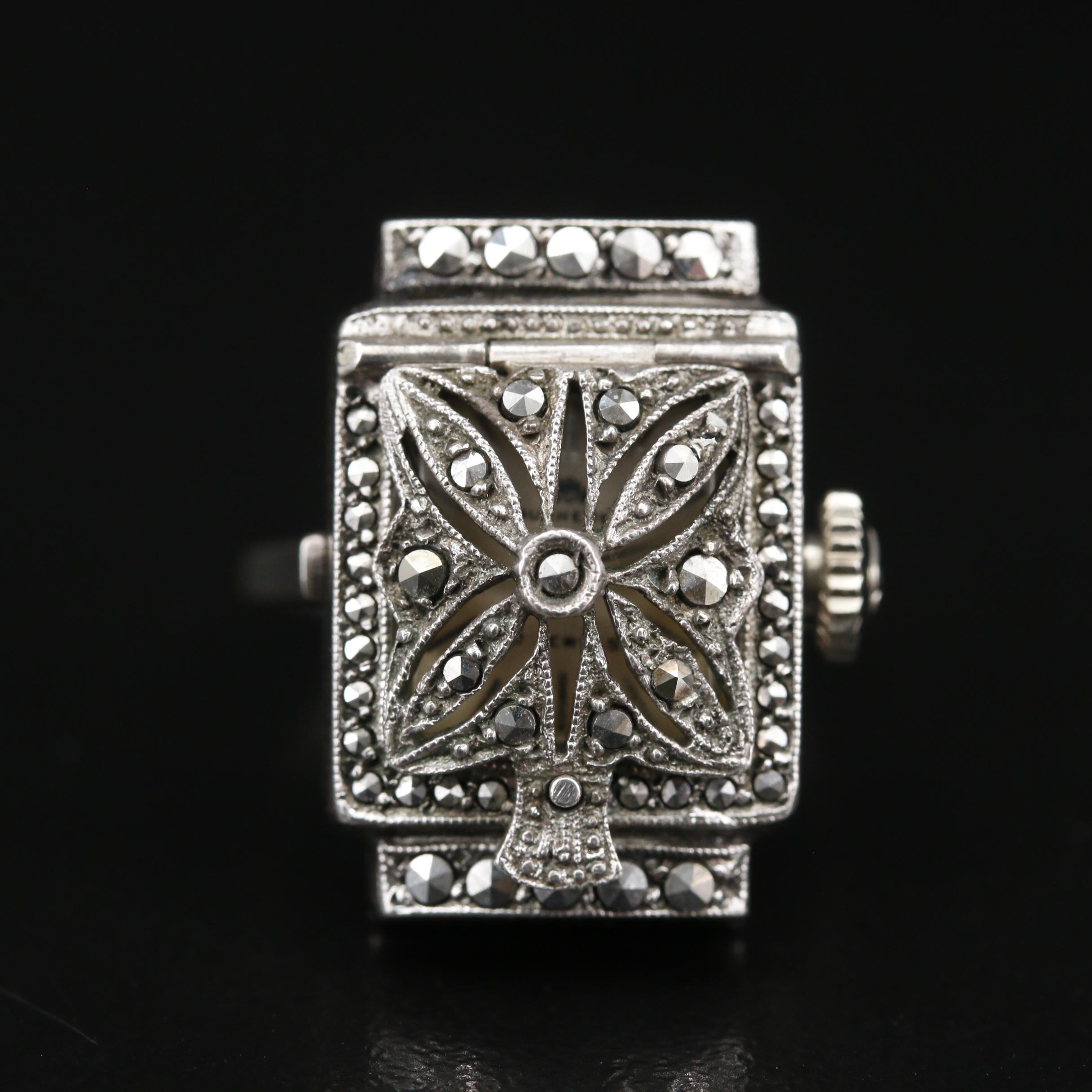 Vintage Bucherer Marcasite and 800 Silver Ring Watch