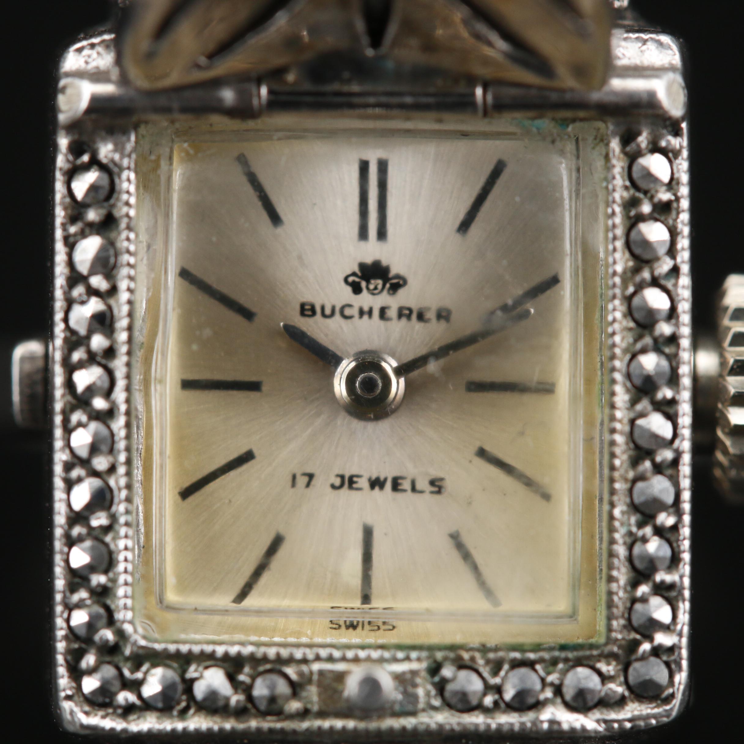 Vintage Bucherer Marcasite and 800 Silver Ring Watch