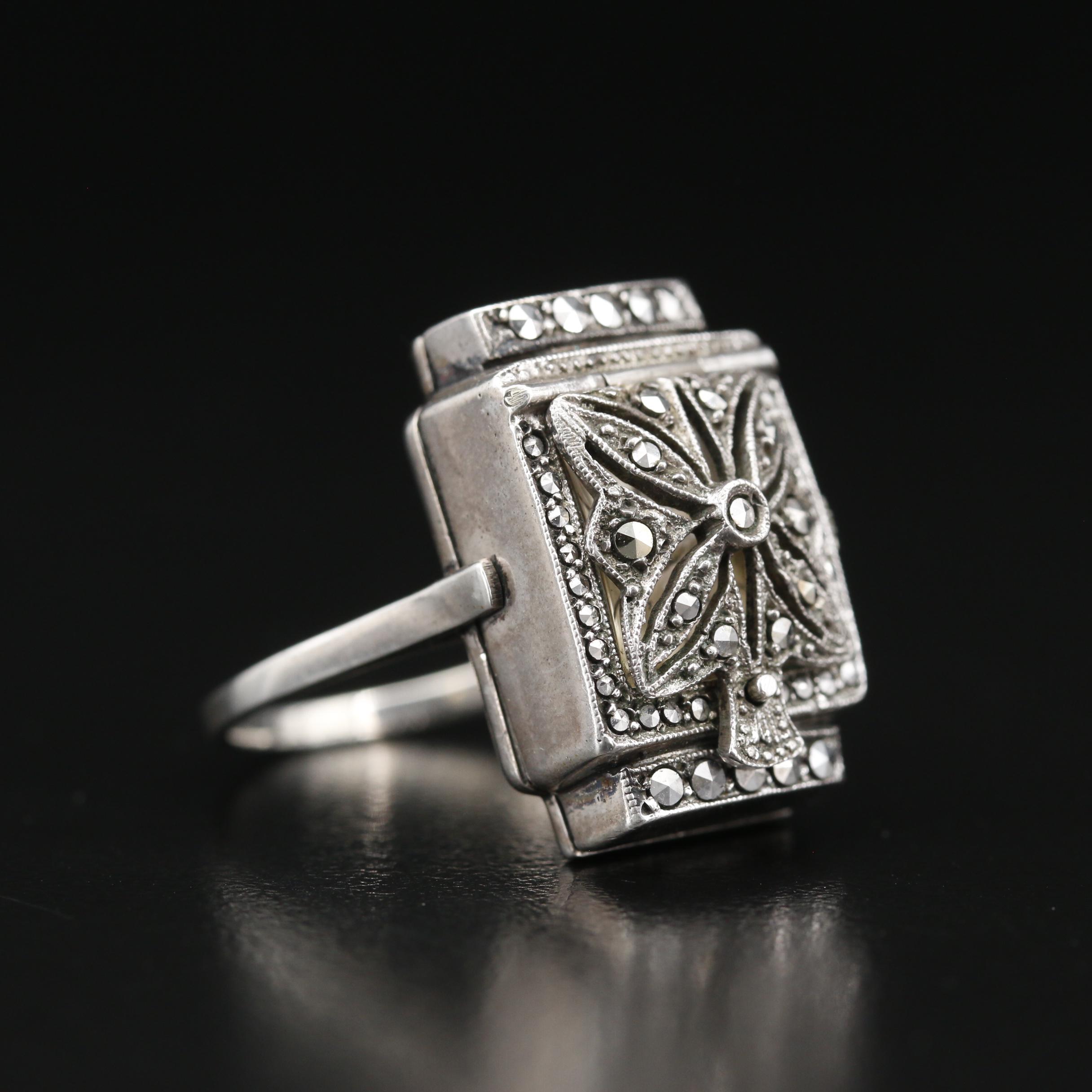 Vintage Bucherer Marcasite and 800 Silver Ring Watch