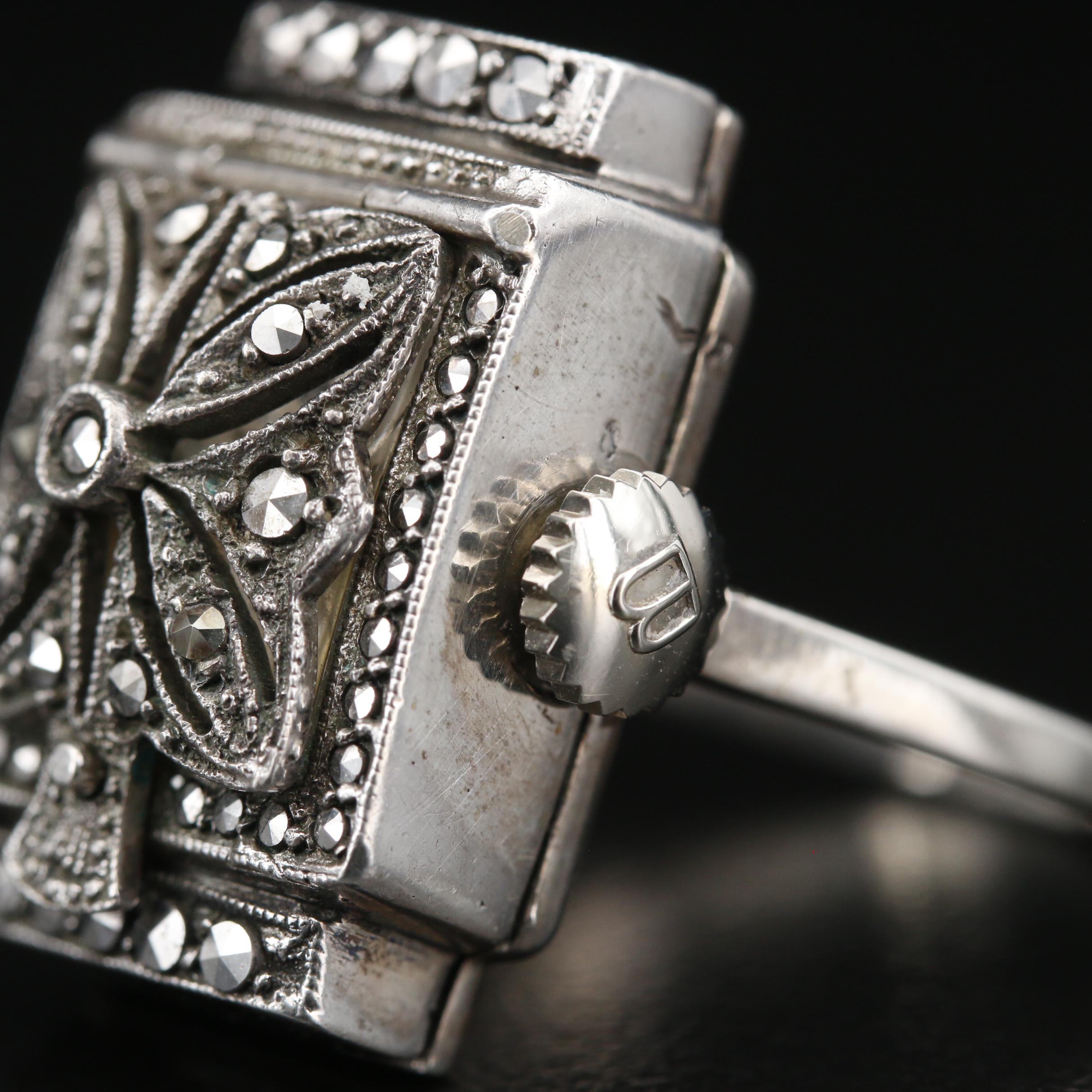 Vintage Bucherer Marcasite and 800 Silver Ring Watch