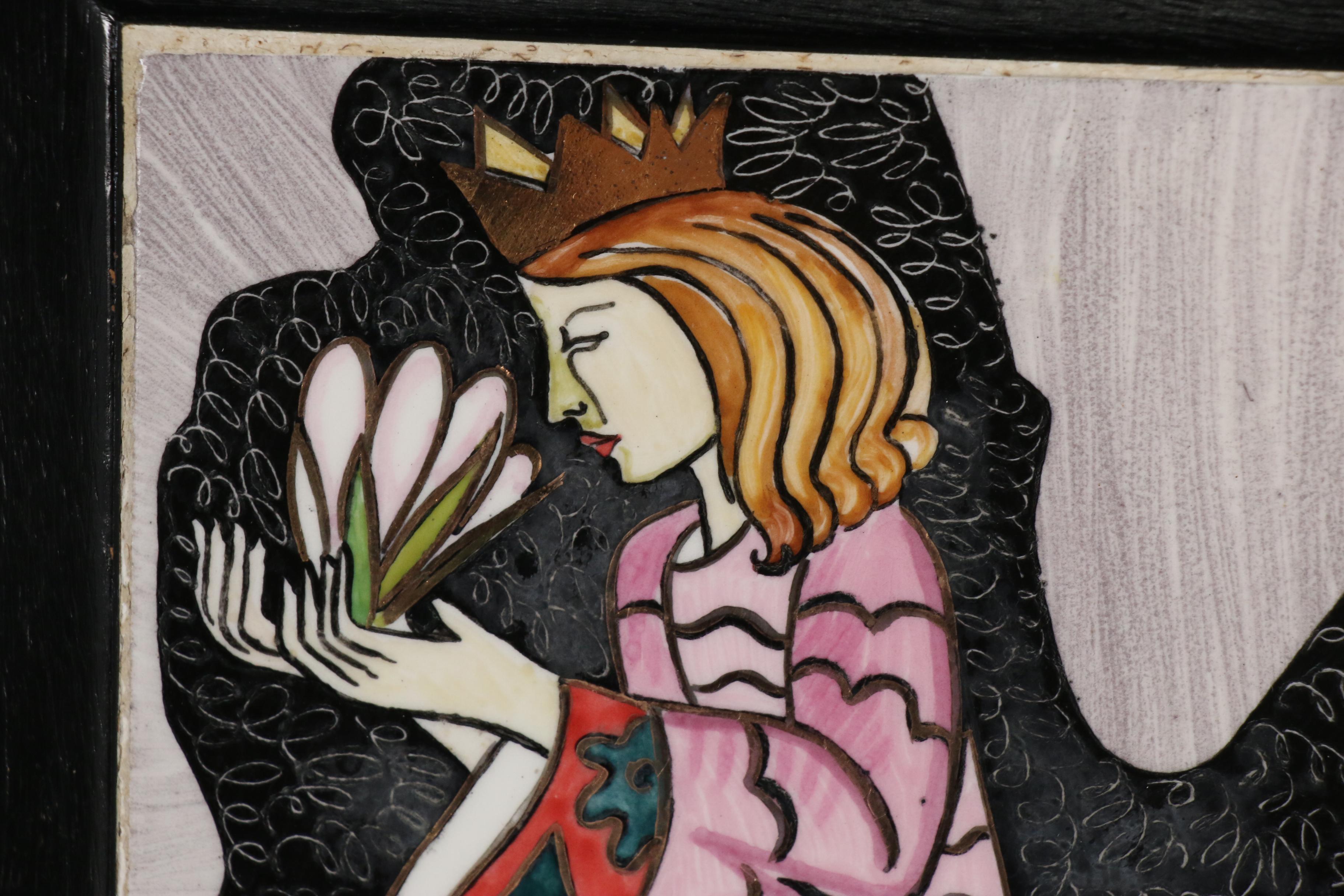 Aida Whedon Painted Ceramic Tile of Three Princesses, Mid to Late 20th Century