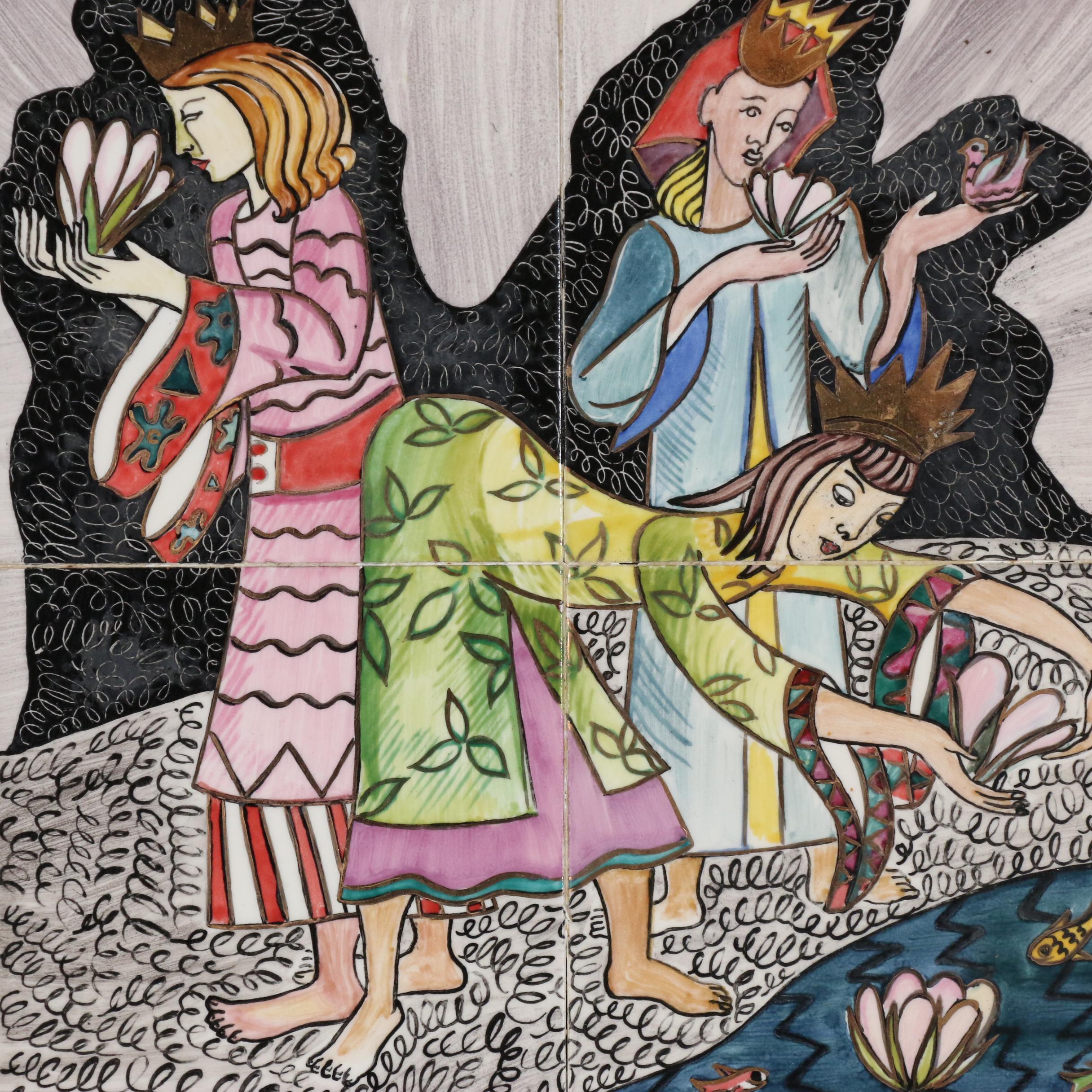 Aida Whedon Painted Ceramic Tile of Three Princesses, Mid to Late 20th Century