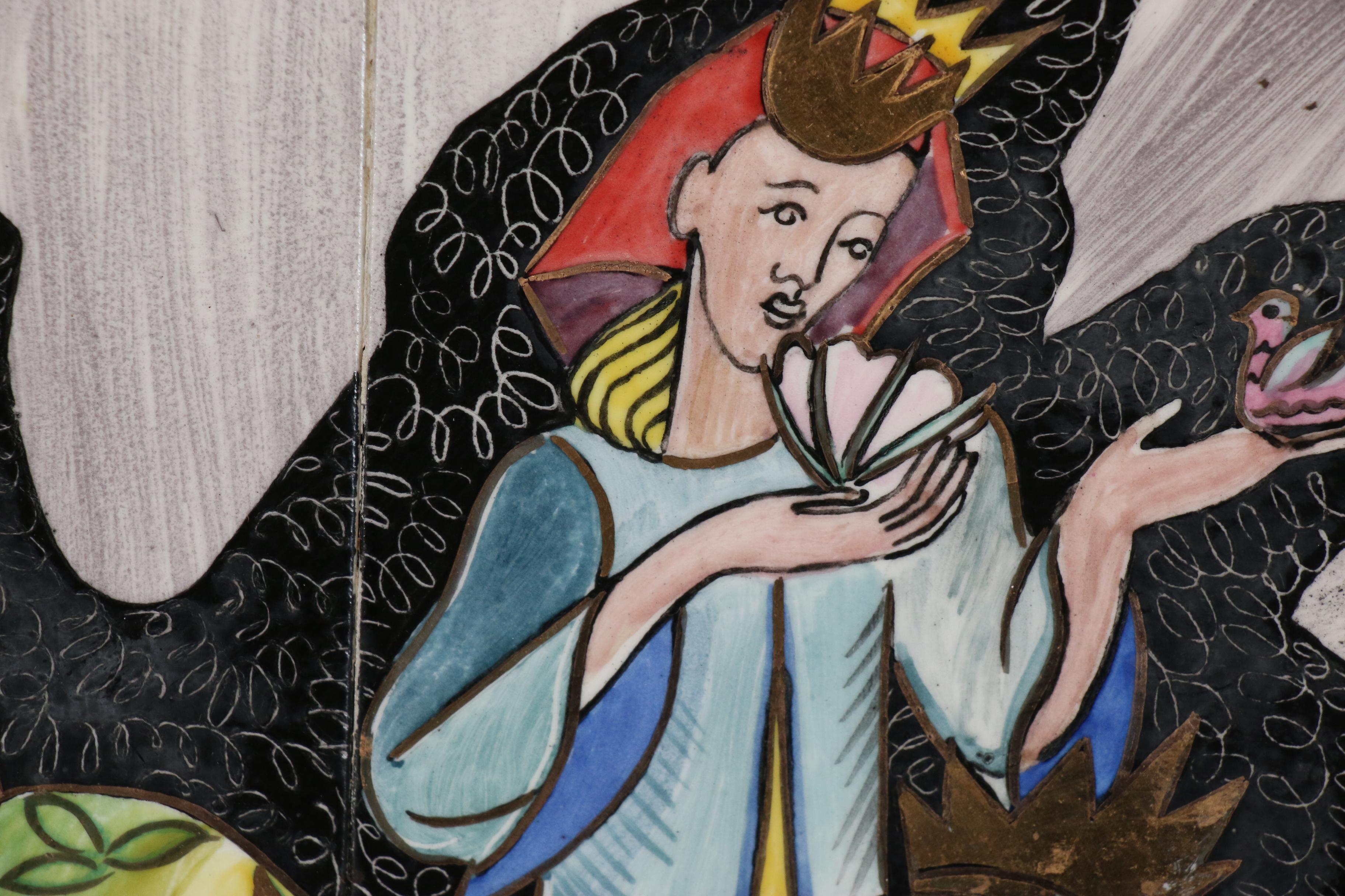 Aida Whedon Painted Ceramic Tile of Three Princesses, Mid to Late 20th Century