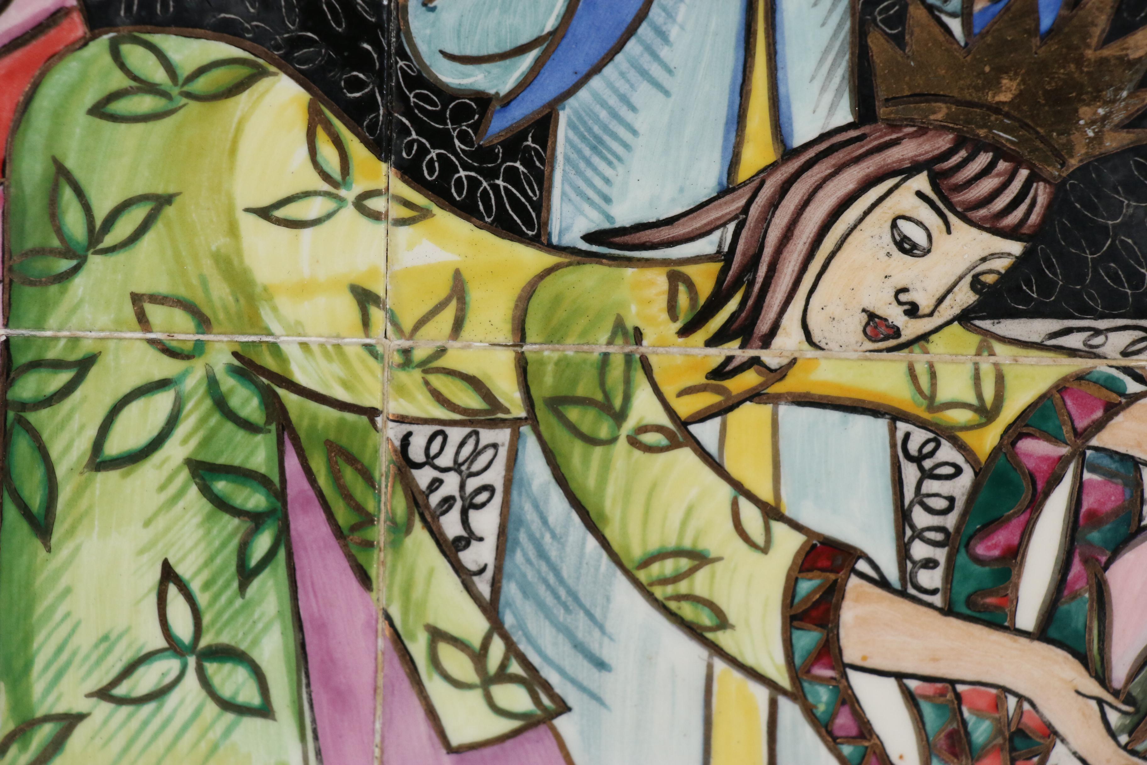 Aida Whedon Painted Ceramic Tile of Three Princesses, Mid to Late 20th Century