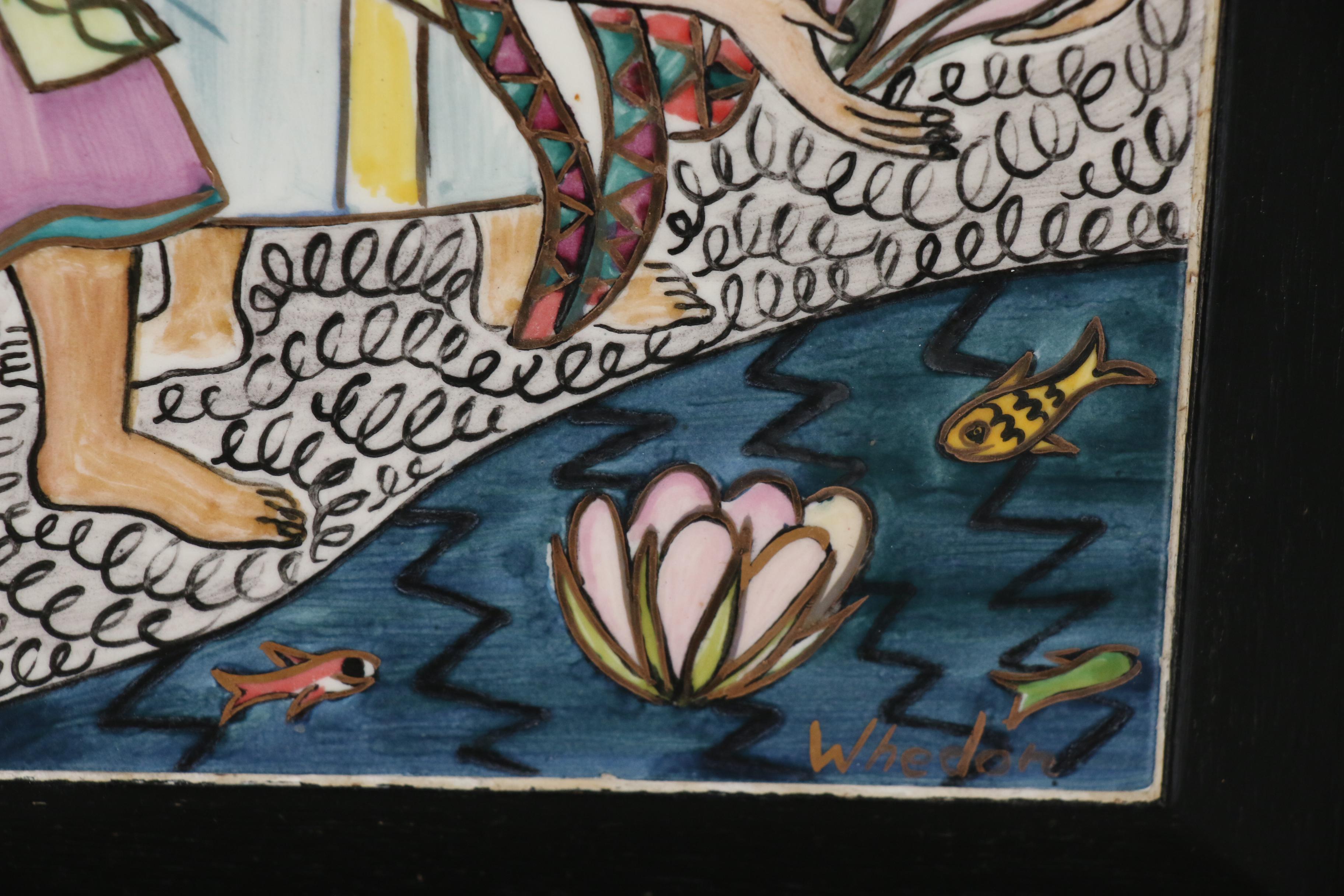 Aida Whedon Painted Ceramic Tile of Three Princesses, Mid to Late 20th Century