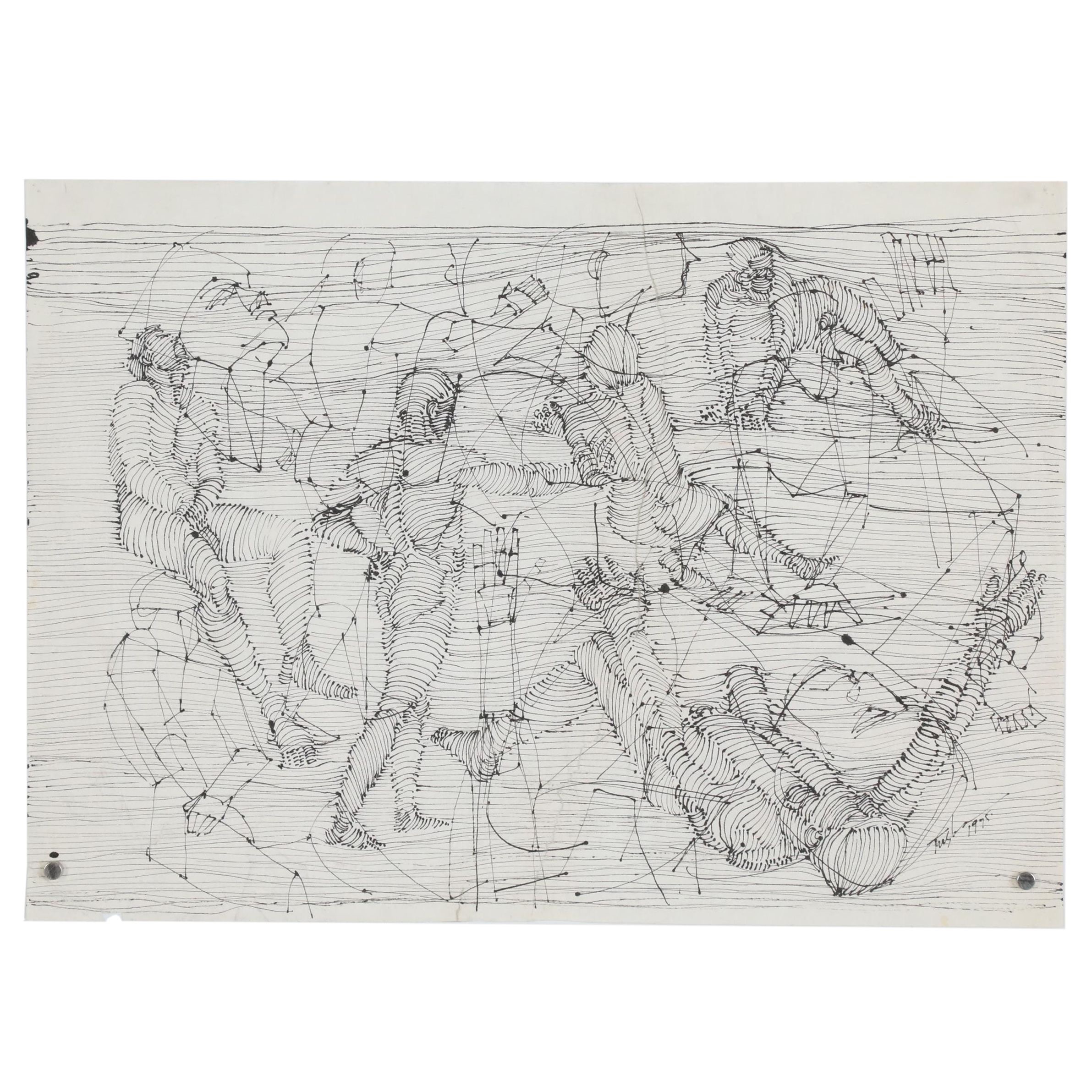 John Tuska Linear Ink Drawing of Figural Study, 1995